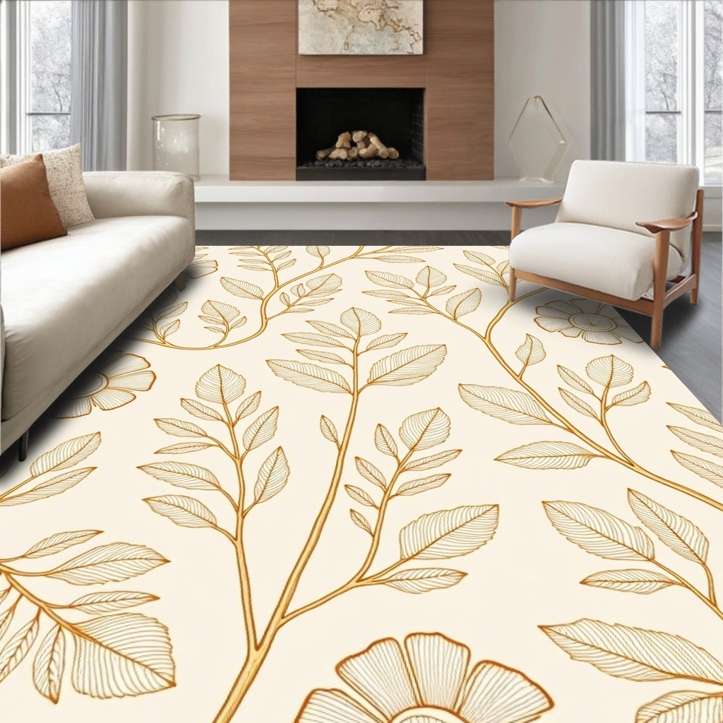 Golden Leaf and Flower Pattern Rug