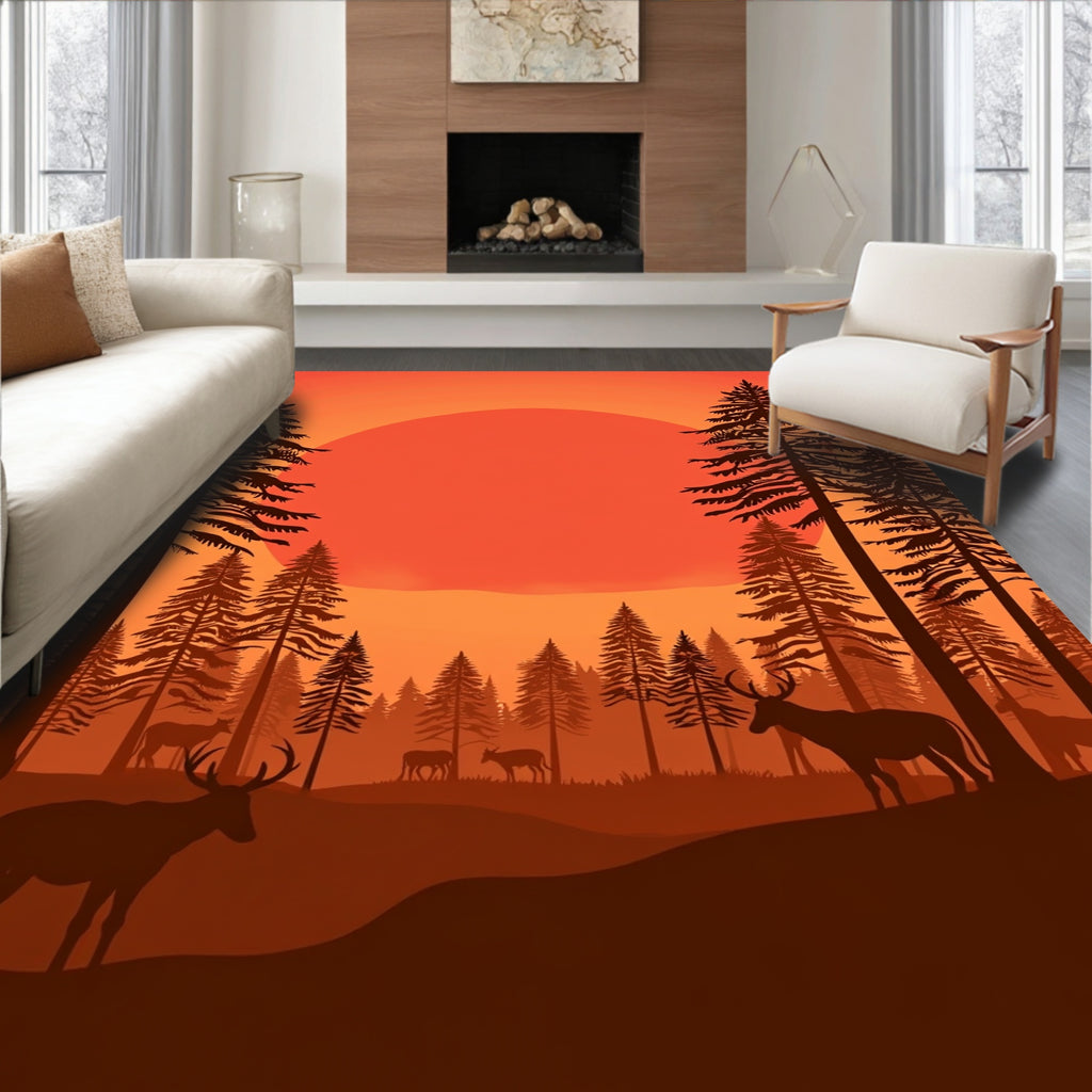 Sunset Deer Forest Silhouette Rug