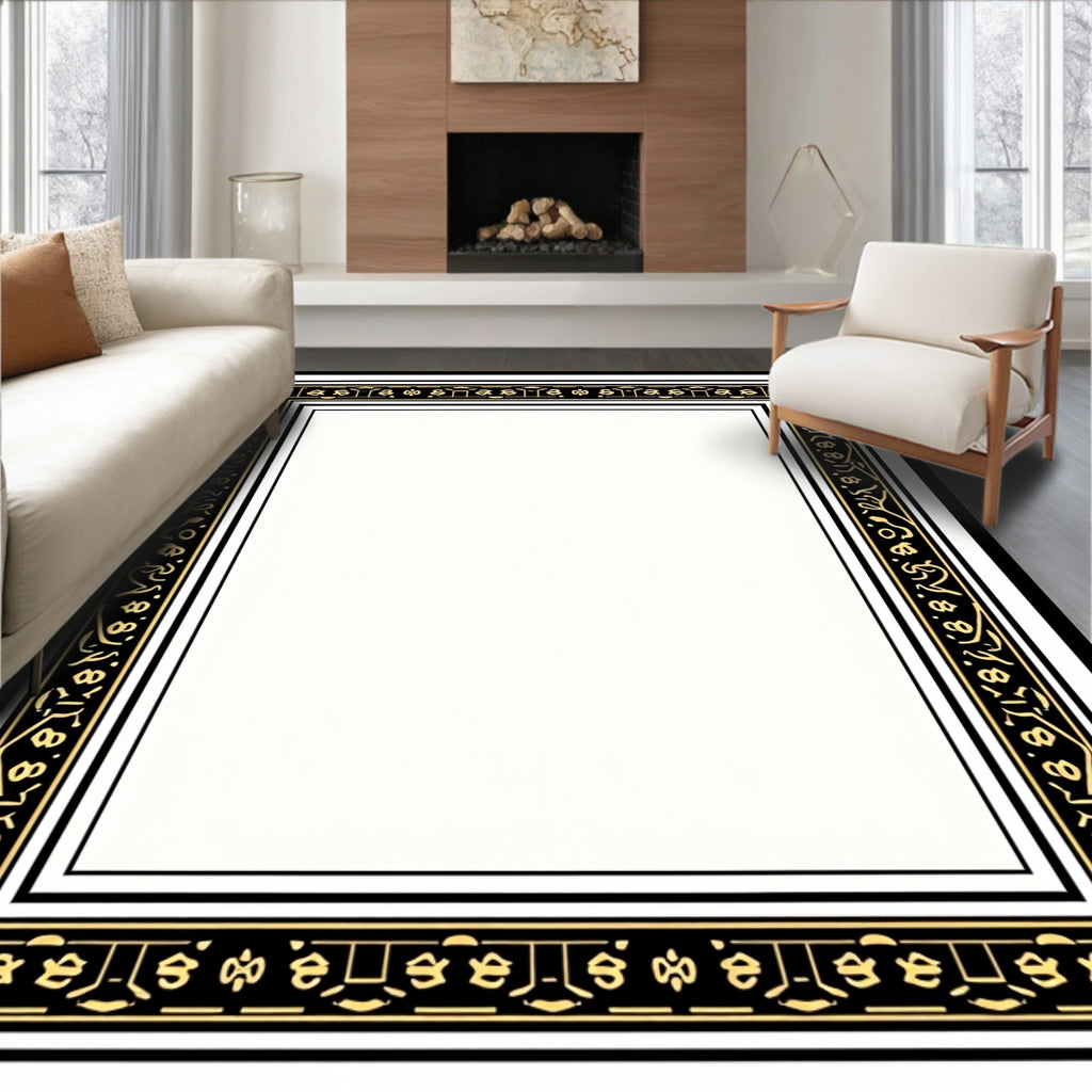 Ornate Black Gold Floral Border Rug