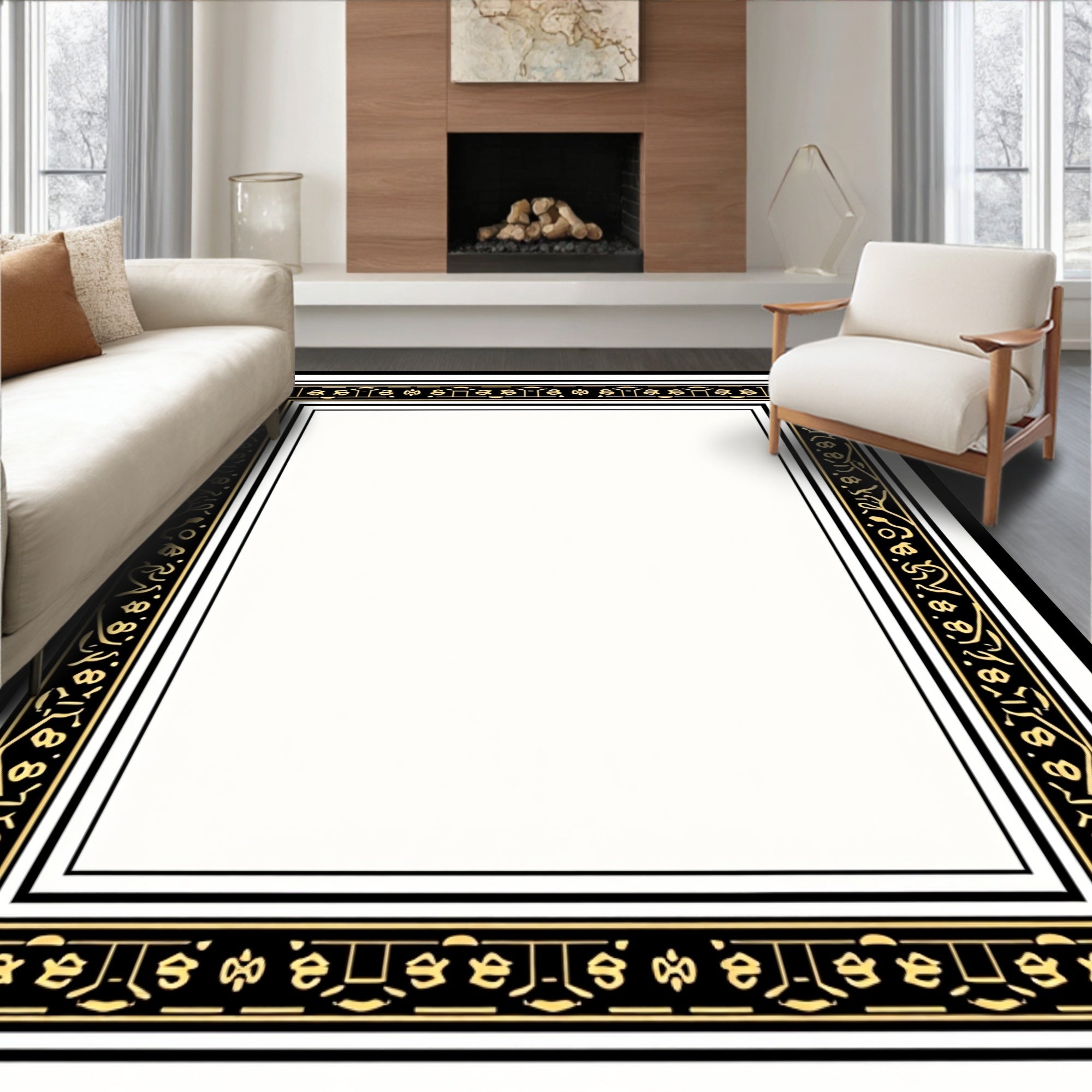 Ornate Black Gold Floral Border Rug