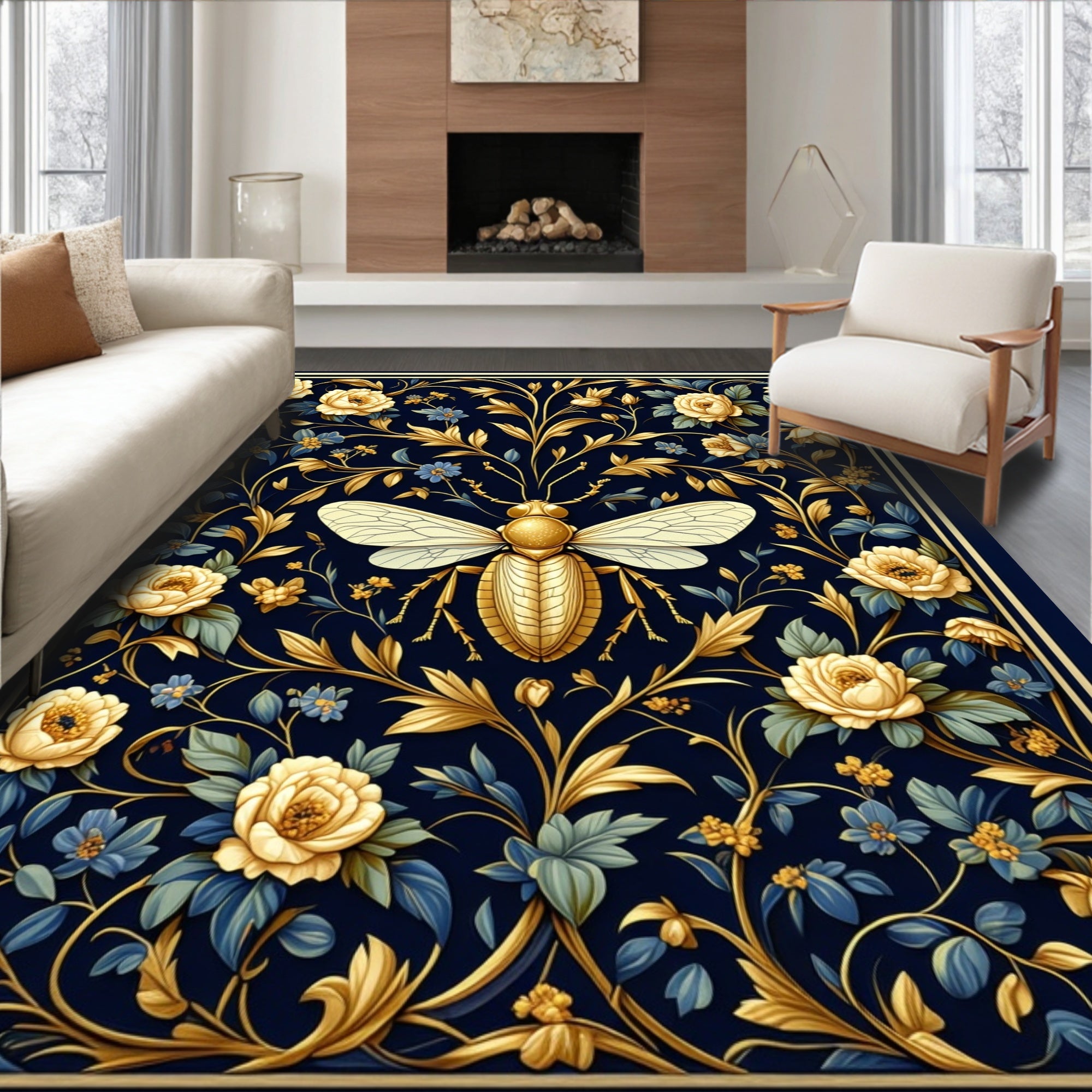 Golden Bee Floral Navy Rug