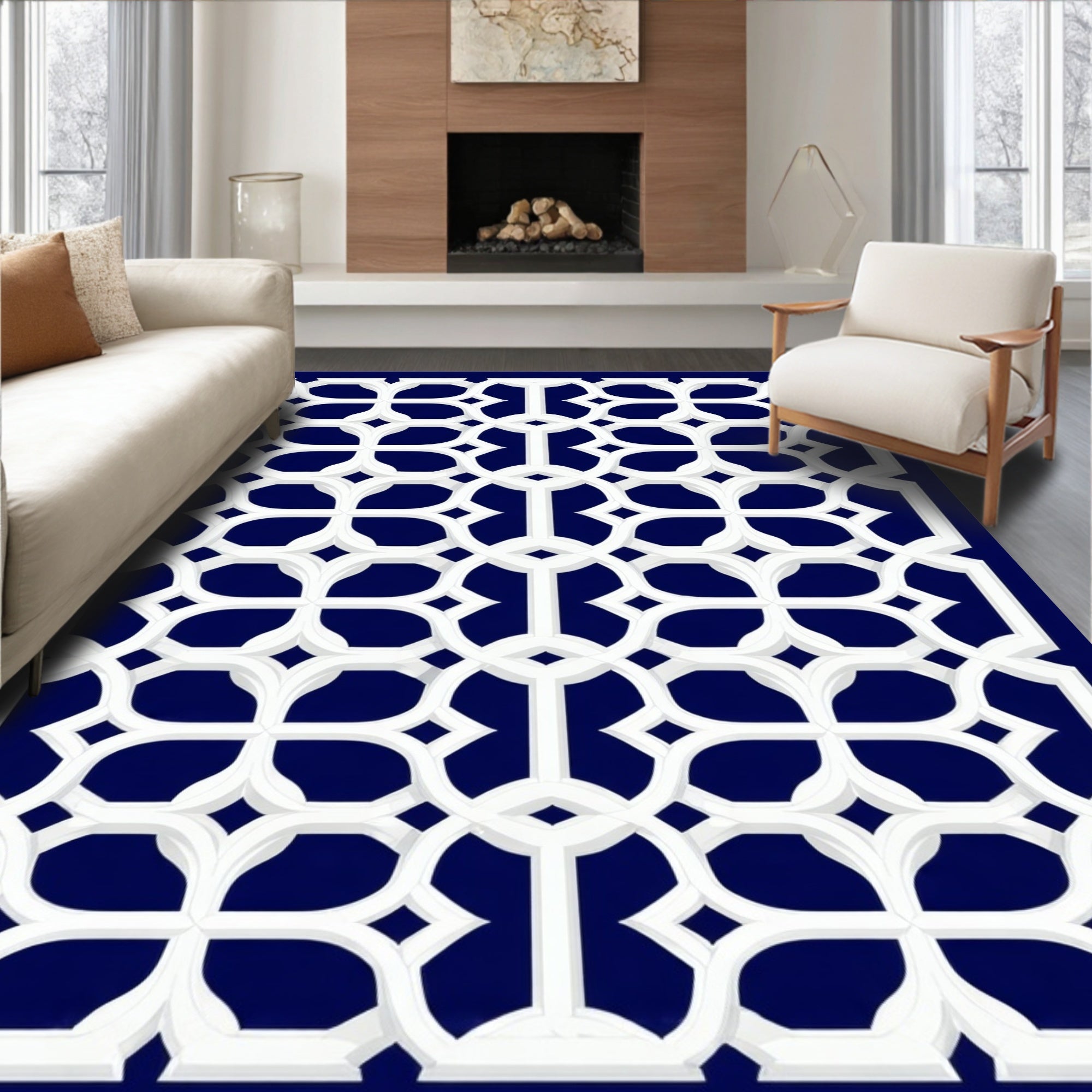 White Lattice Geometric Pattern Rug