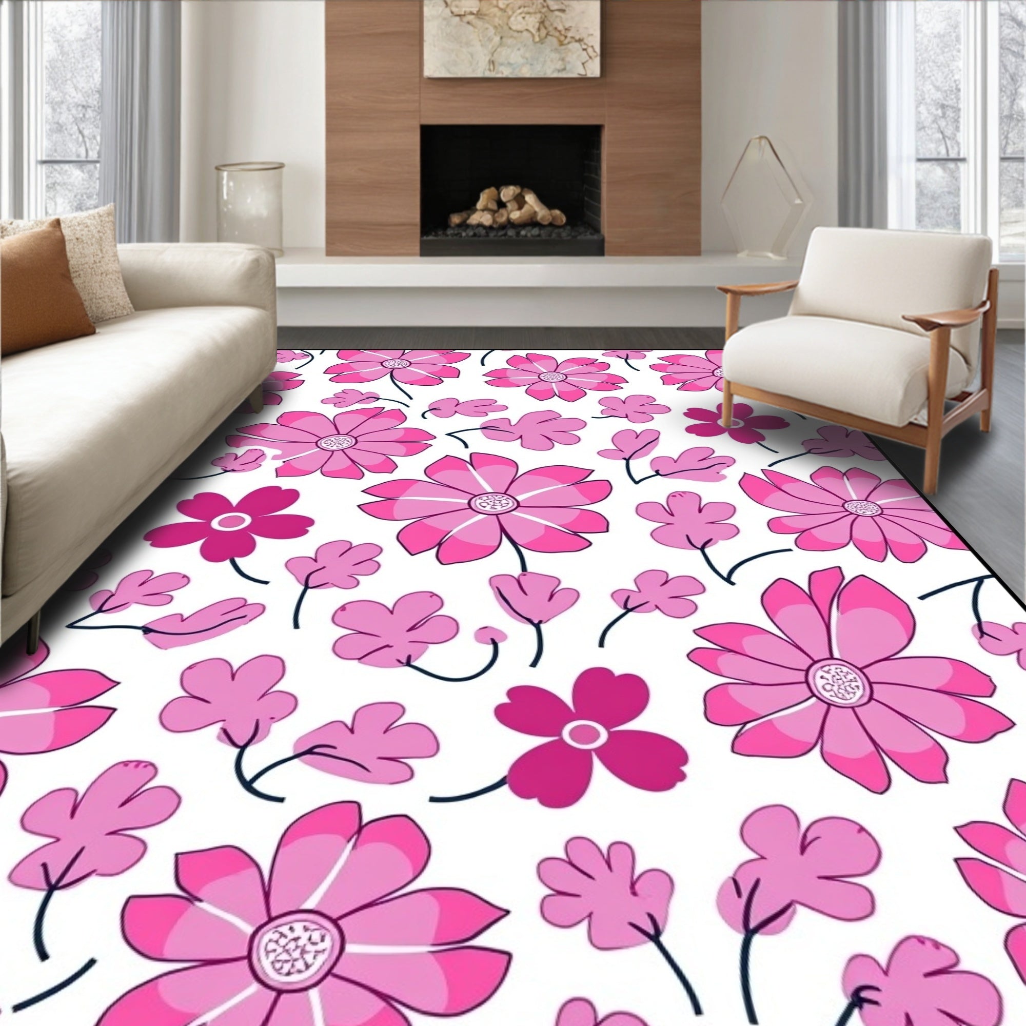 Pink Floral Pattern With Stemmed Flowers Rug