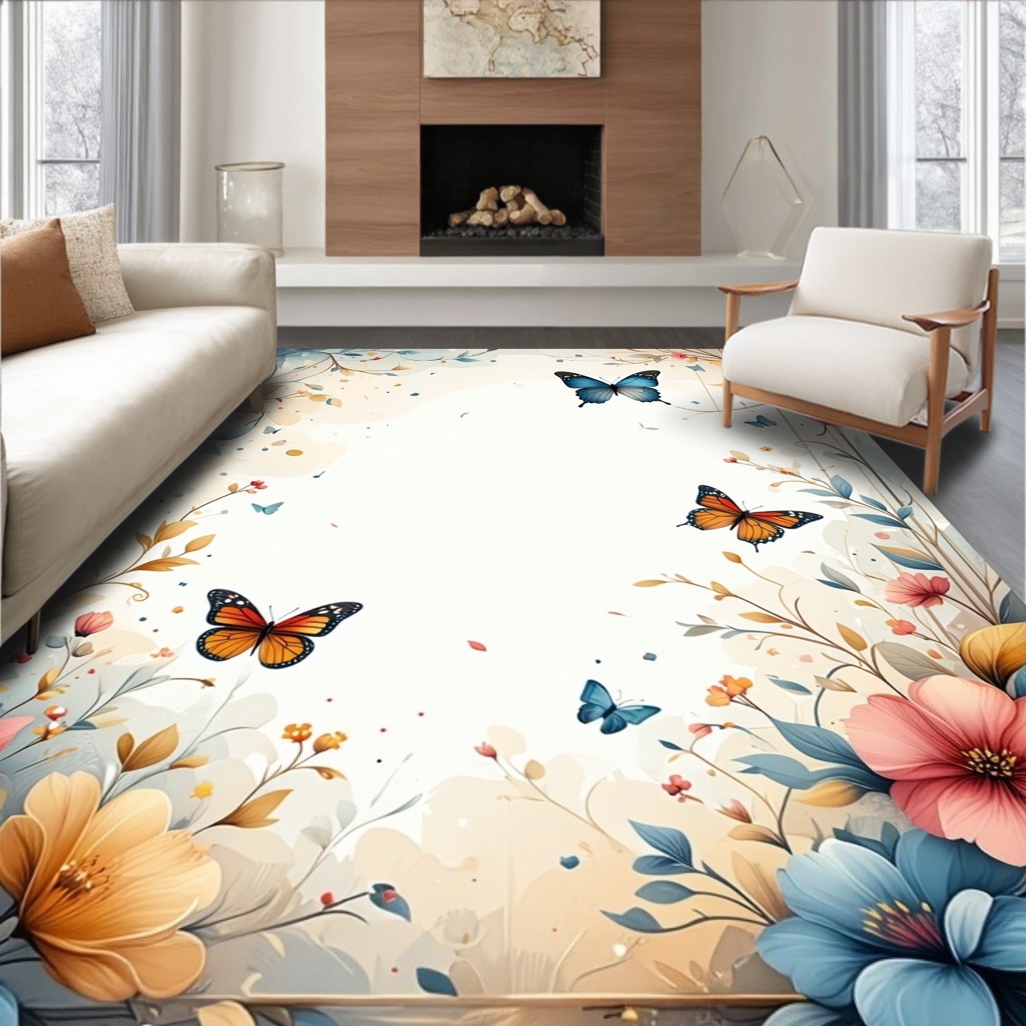 Floral Butterfly Watercolor Art Rug