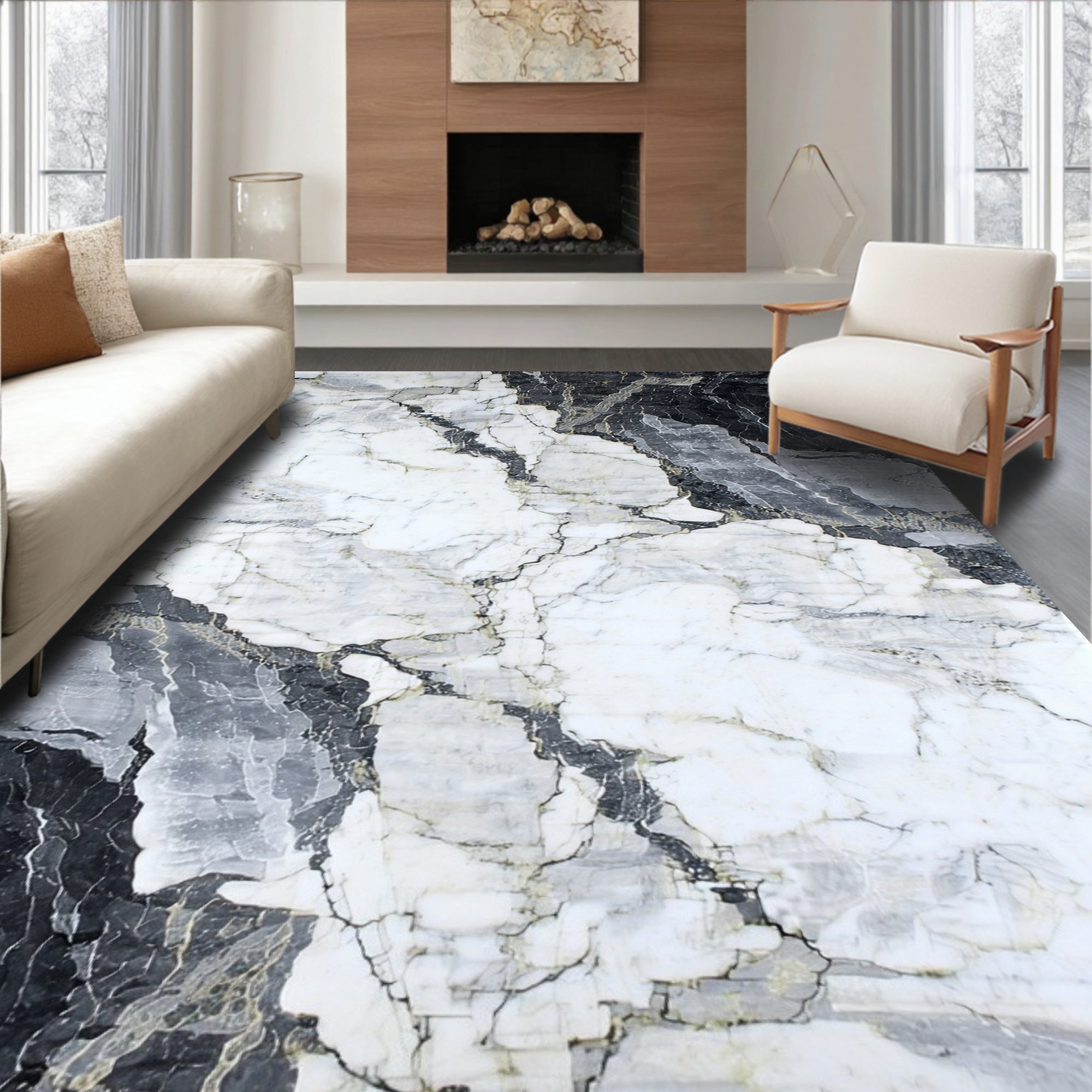Monochromatic Marble Veined Contemporary Design Rug