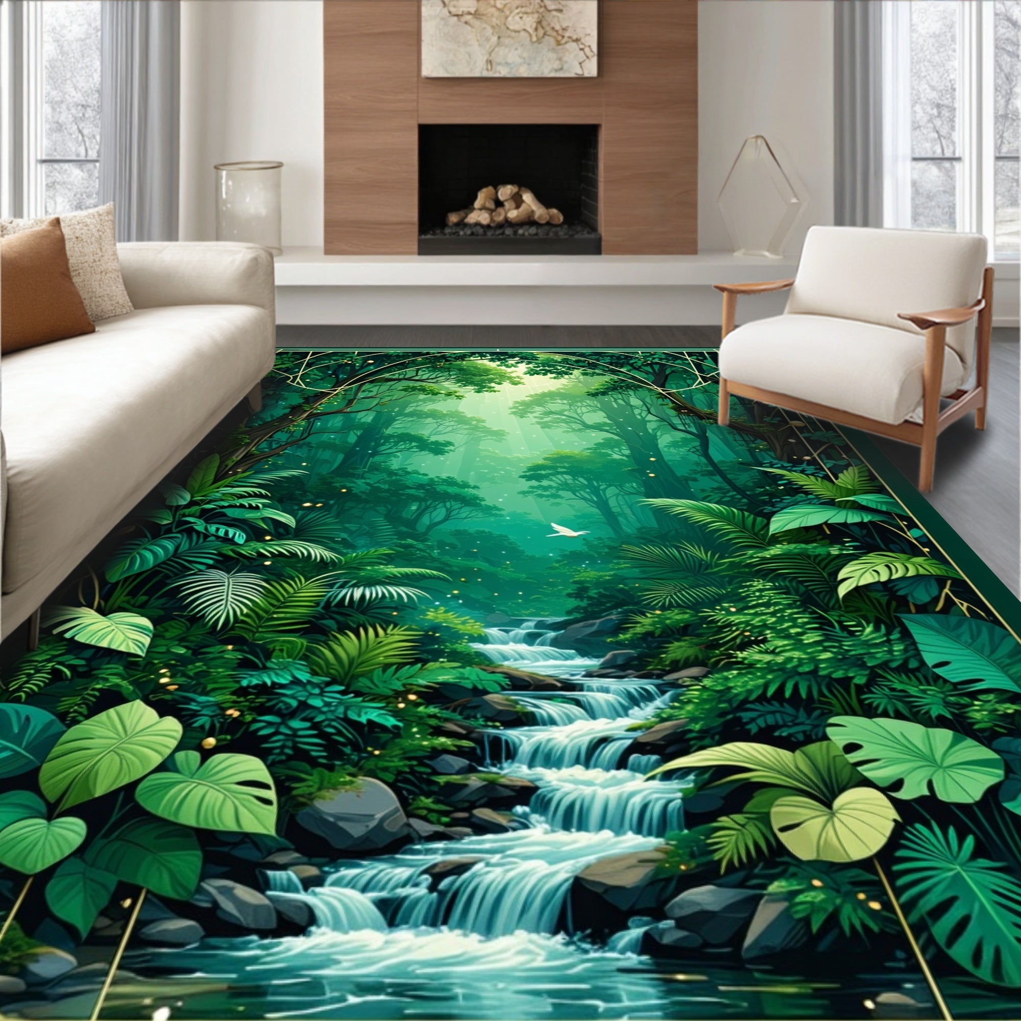 Enchanted Forest Waterfall Art Deco Rug