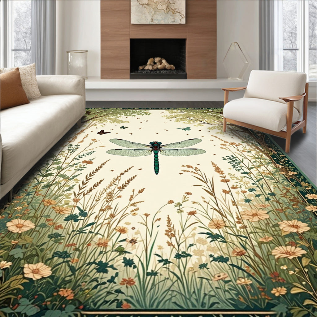 Dragonfly Border Garden Floral Pattern Rug