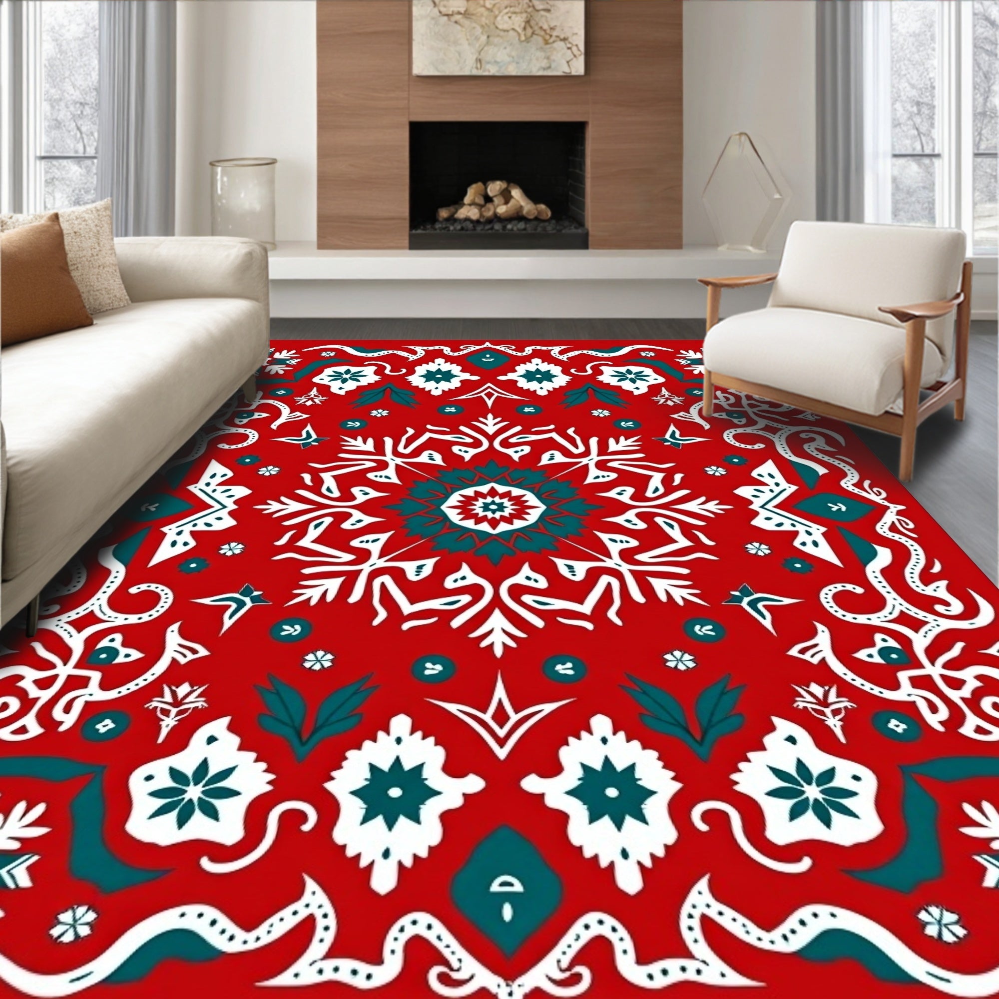 Red Teal Geometric Mandala Medallion Rug
