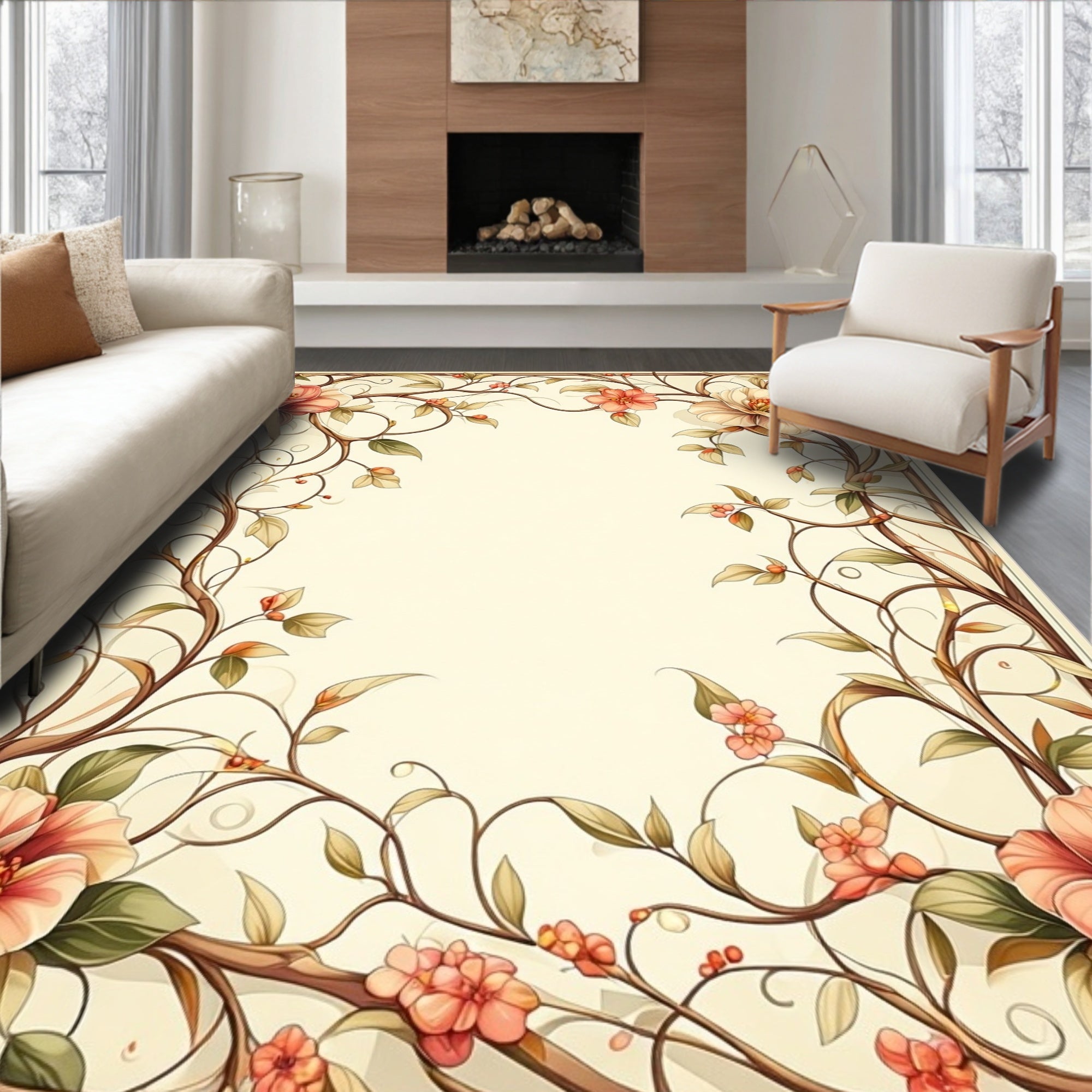 Elegant Floral Vine Border Design Rug