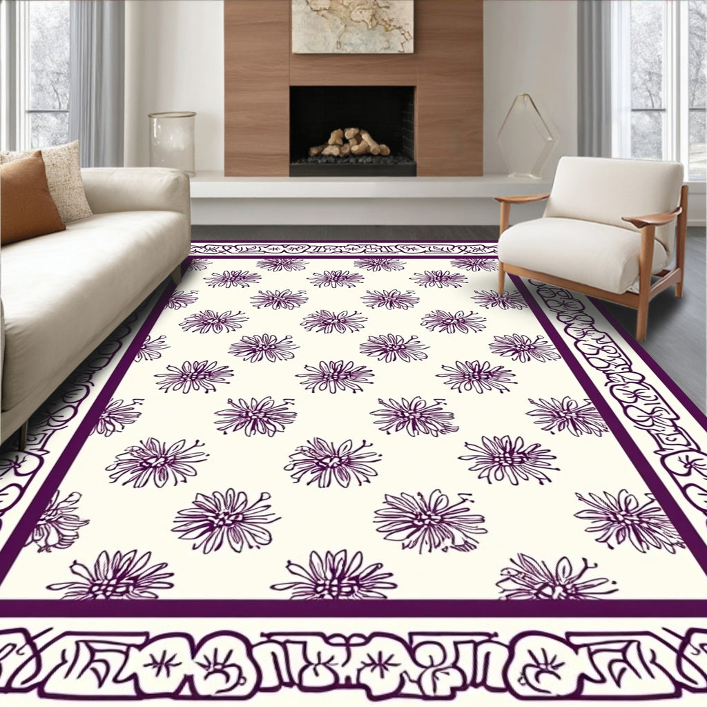 Floral Bordered Repeating Bloom Pattern Rug
