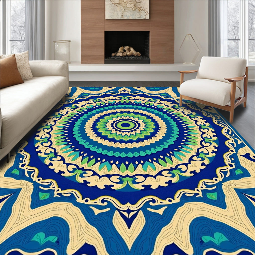 Vibrant Blue Green Mandala Floral Rug