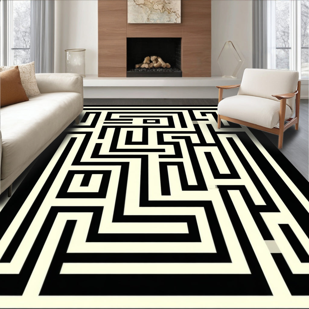 Black Ivory Geometric Maze Rug