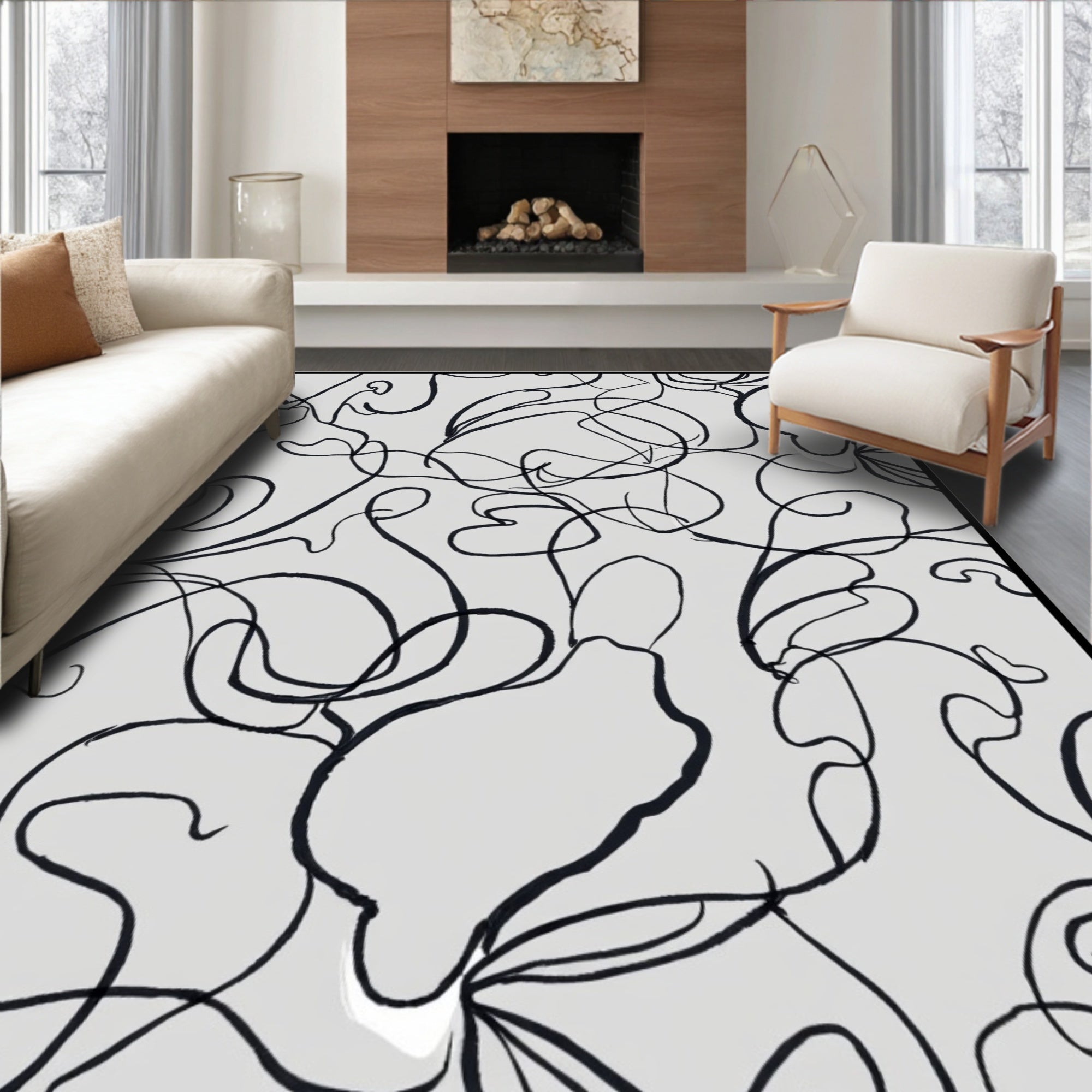Abstract Black Line Art Design Rug