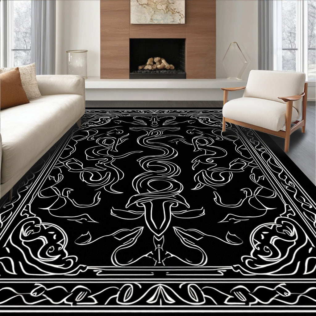 Ornate White Swirls and Serpent Pattern Rug