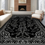 Ornate White Swirls and Serpent Pattern Rug