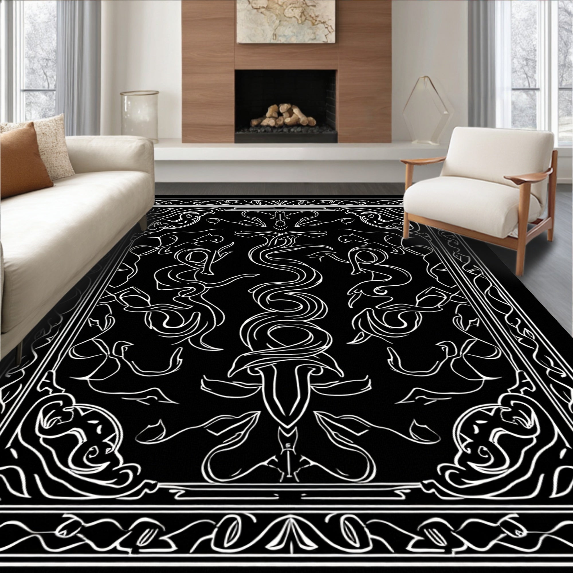 Ornate White Swirls and Serpent Pattern Rug
