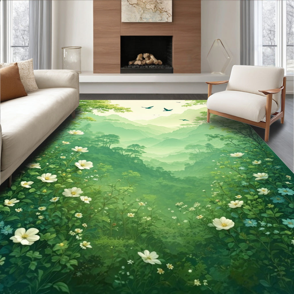 Lush Misty Mountain Floral Landscape Rug
