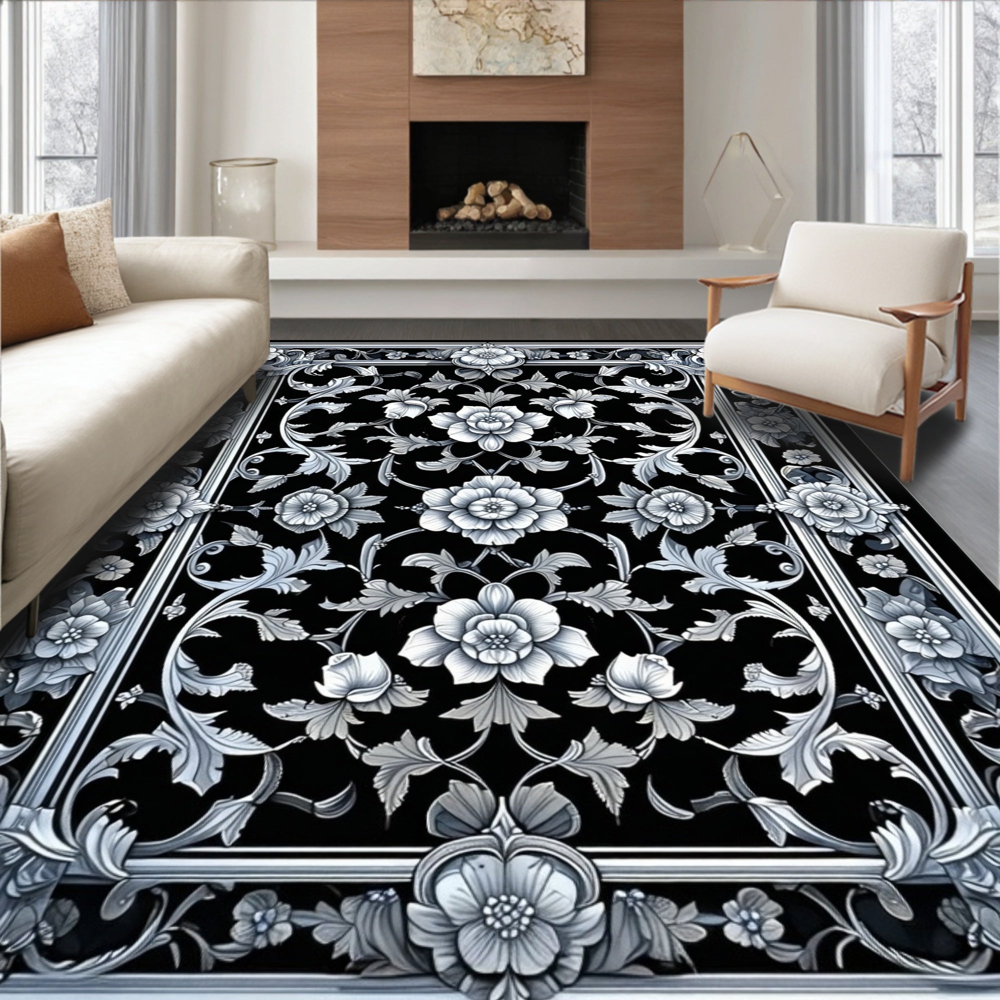 Intricate Floral Scrolls Monochrome Rug