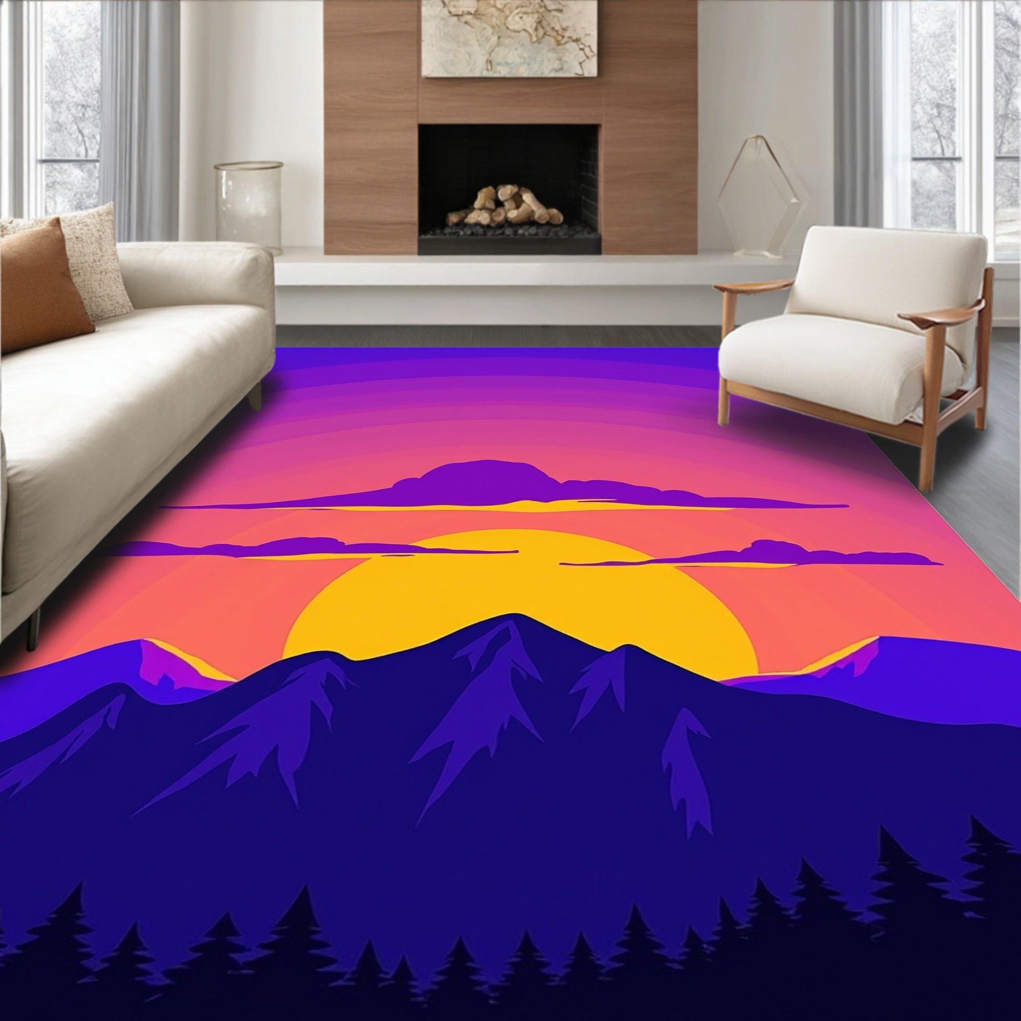 Vibrant Sunset Mountain Landscape Design Rug