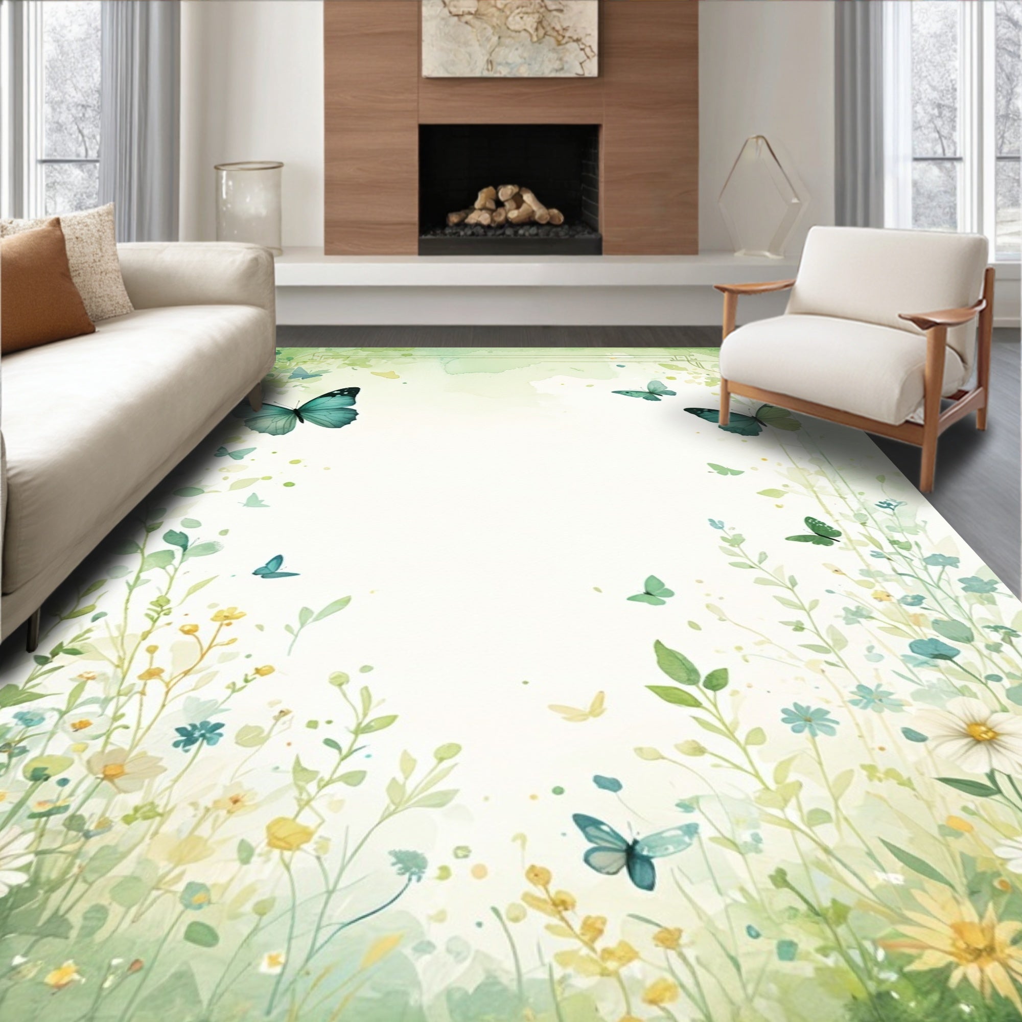 Aqua Butterflies Delicate Floral Meadow Rug