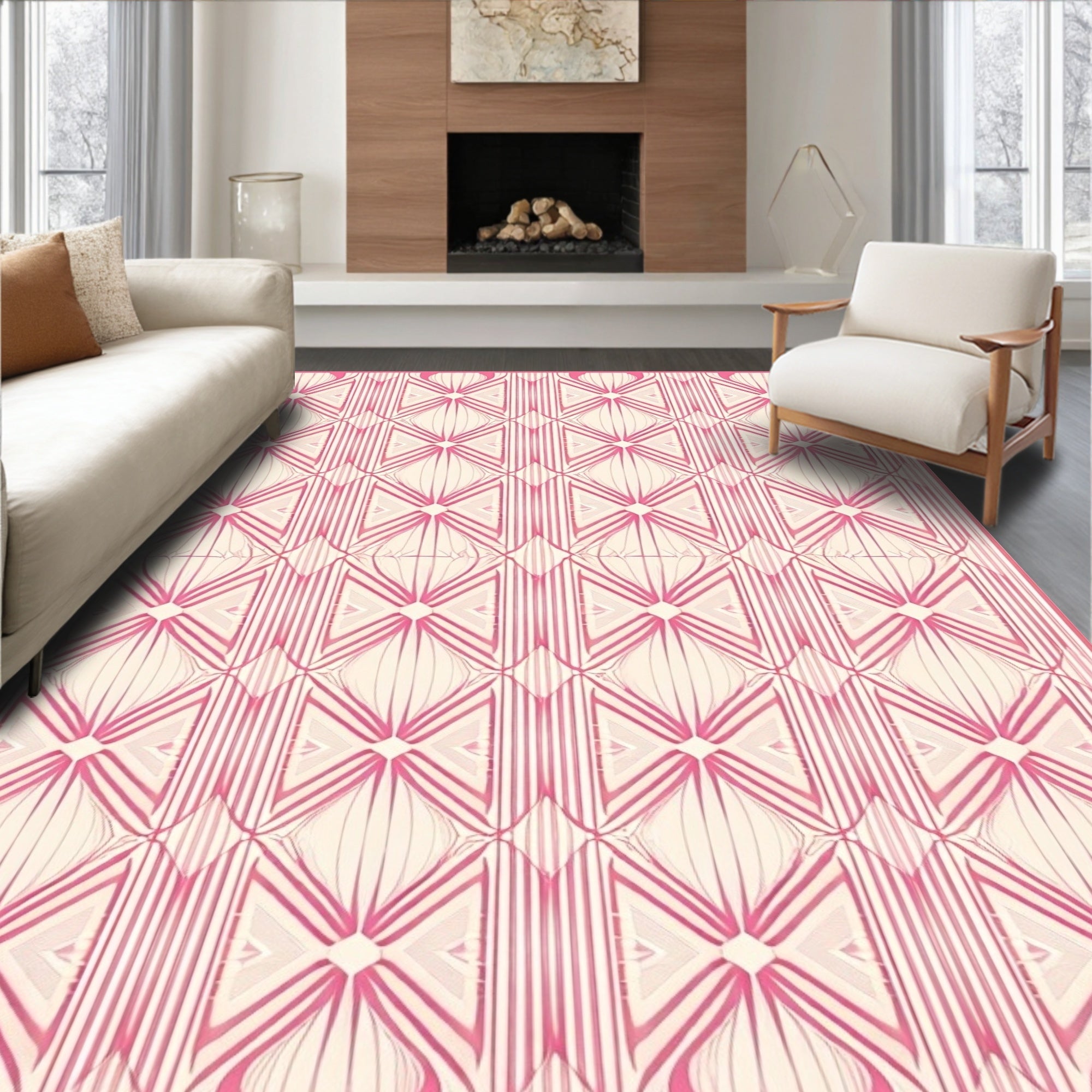 Pink Geometric Art Deco Repeating Pattern Rug