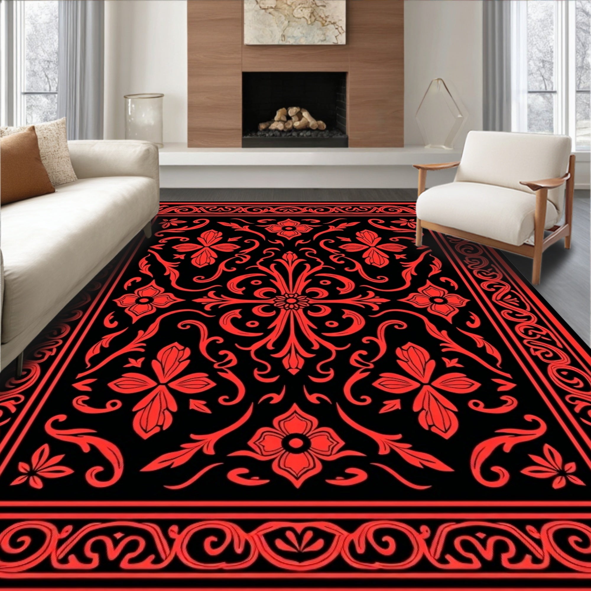 Crimson Floral Bordered Tapestry Rug