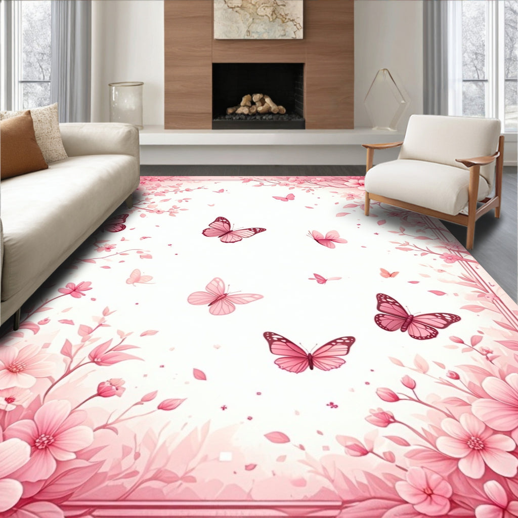 Pink Butterfly and Floral Whimsical Pattern Rug