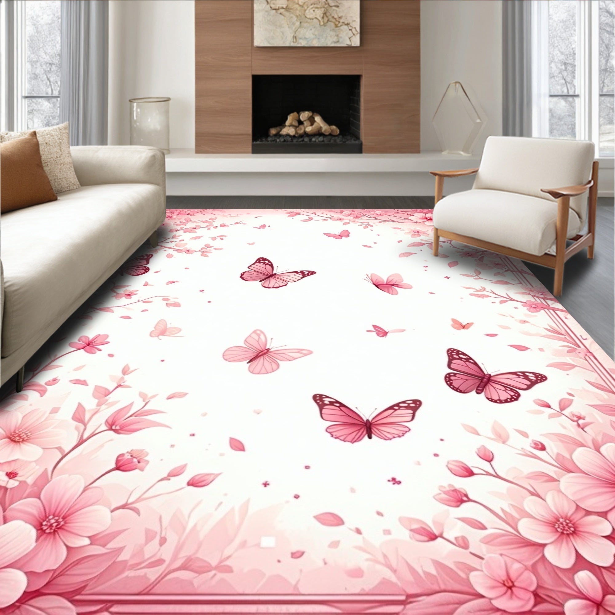 Pink Butterfly and Floral Whimsical Pattern Rug