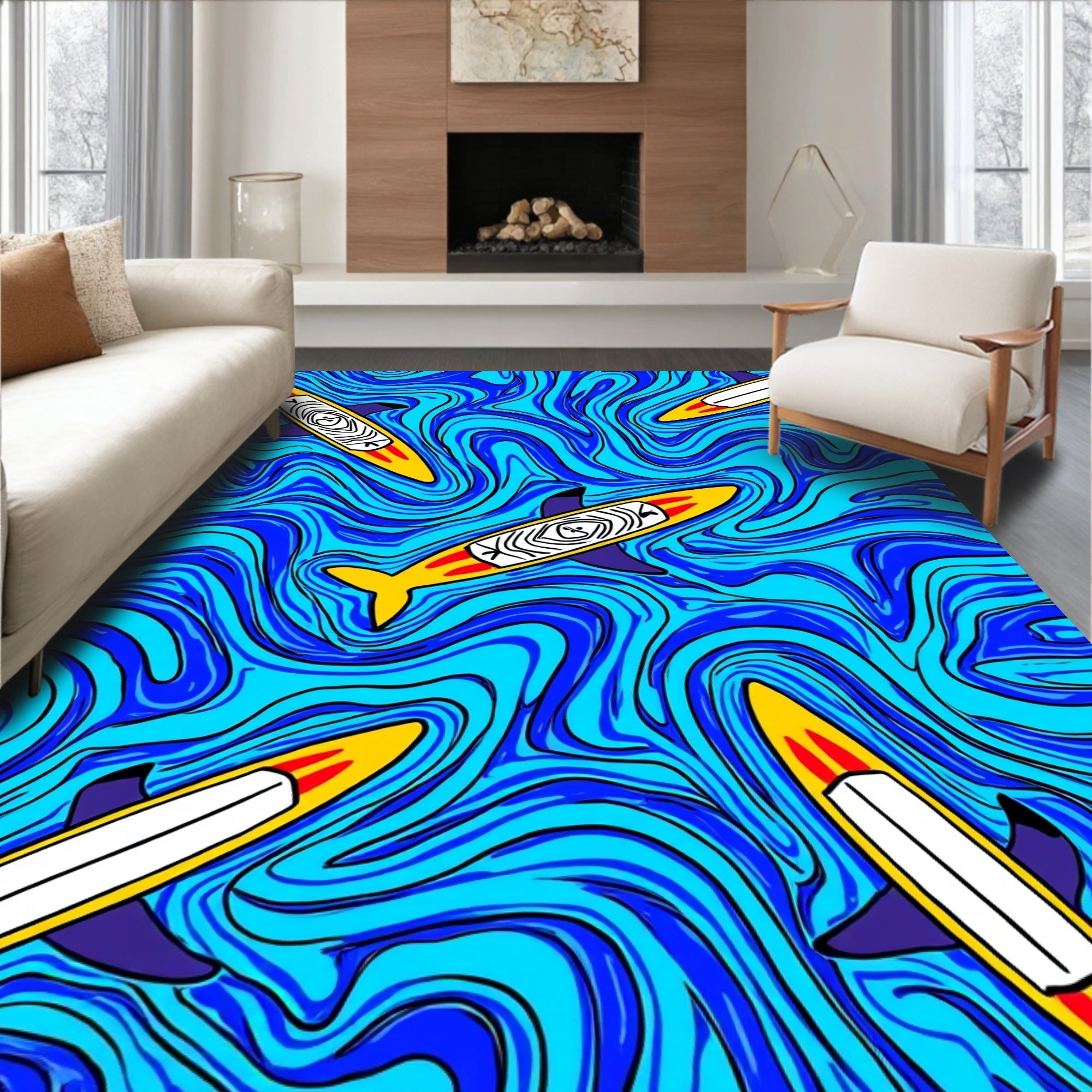Surfing Sharks in Swirling Ocean Design Rug