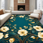 Elegant Floral Gold Accented Teal Rug