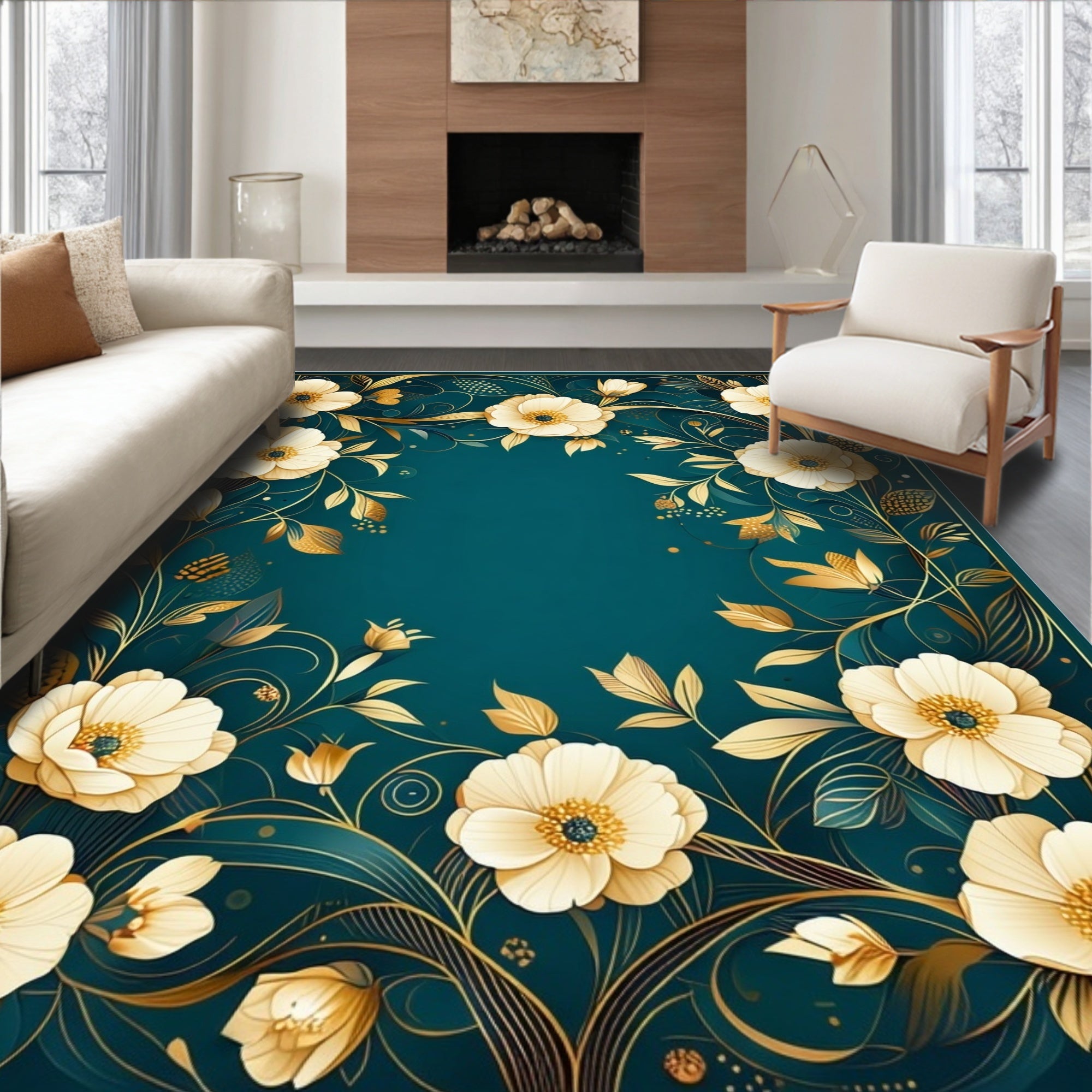 Elegant Floral Gold Accented Teal Rug