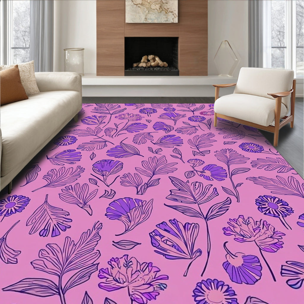 Purple Floral Line Art Pattern Rug