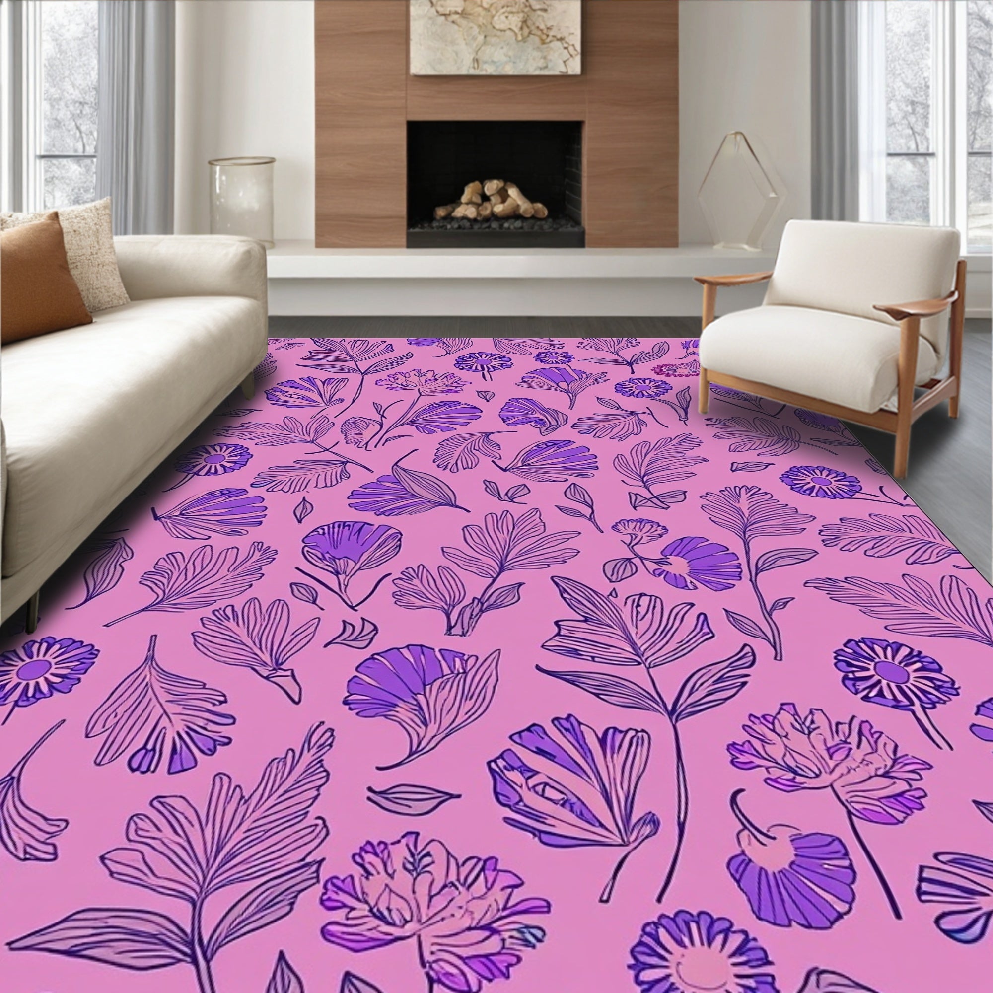 Purple Floral Line Art Pattern Rug