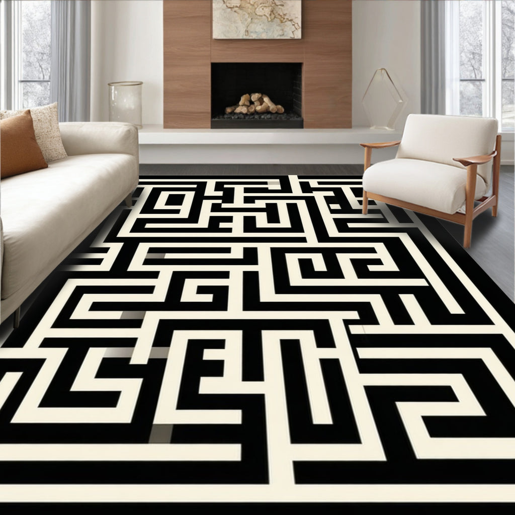 Black and Cream Geometric Maze Rug