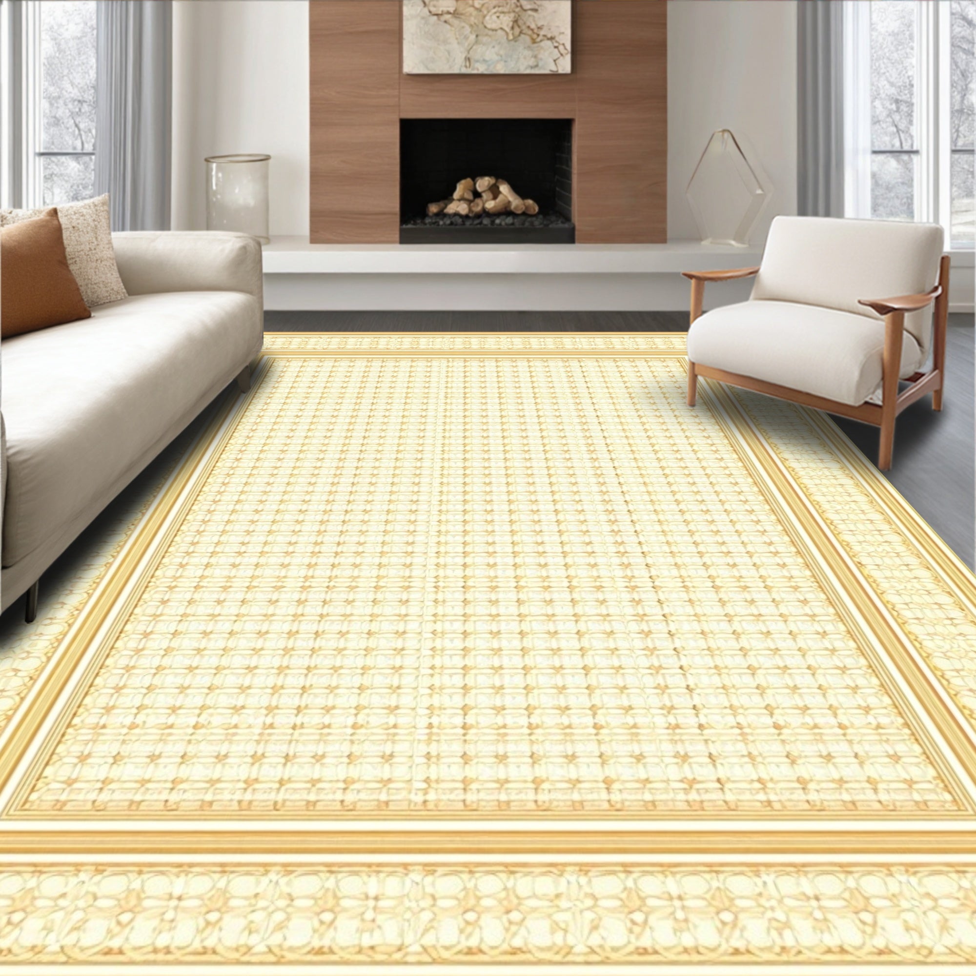 Intricate Golden Lattice And Border Rug