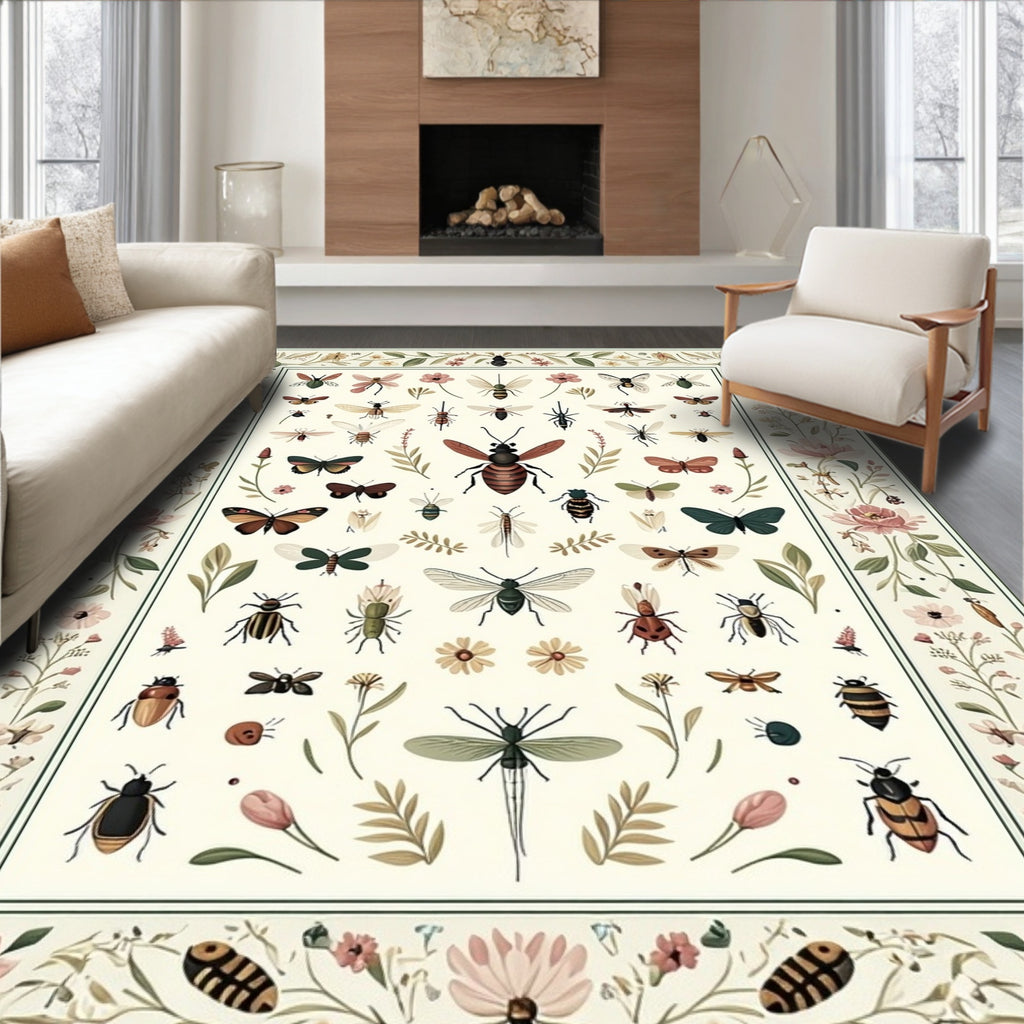 Whimsical Insect Floral Border Design Rug