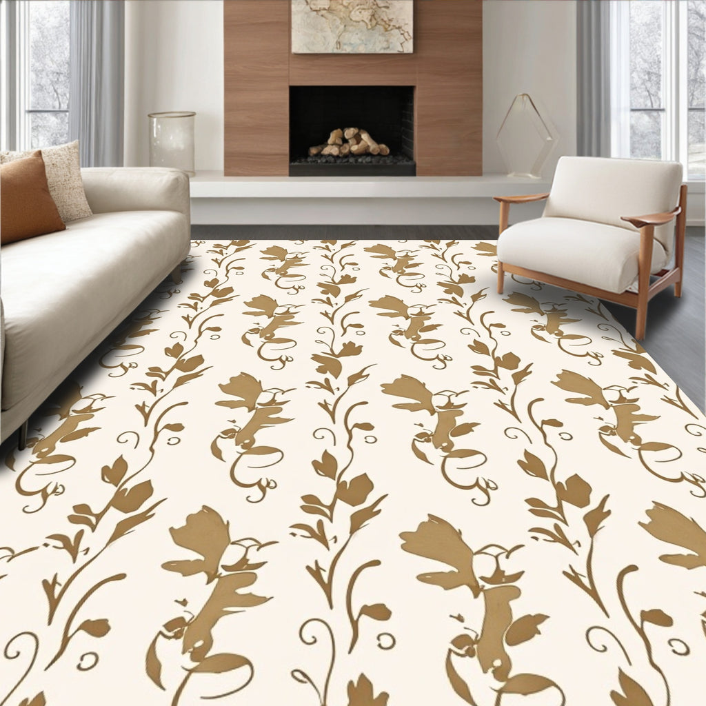 Elegant Tan Floral Vine Pattern Rug