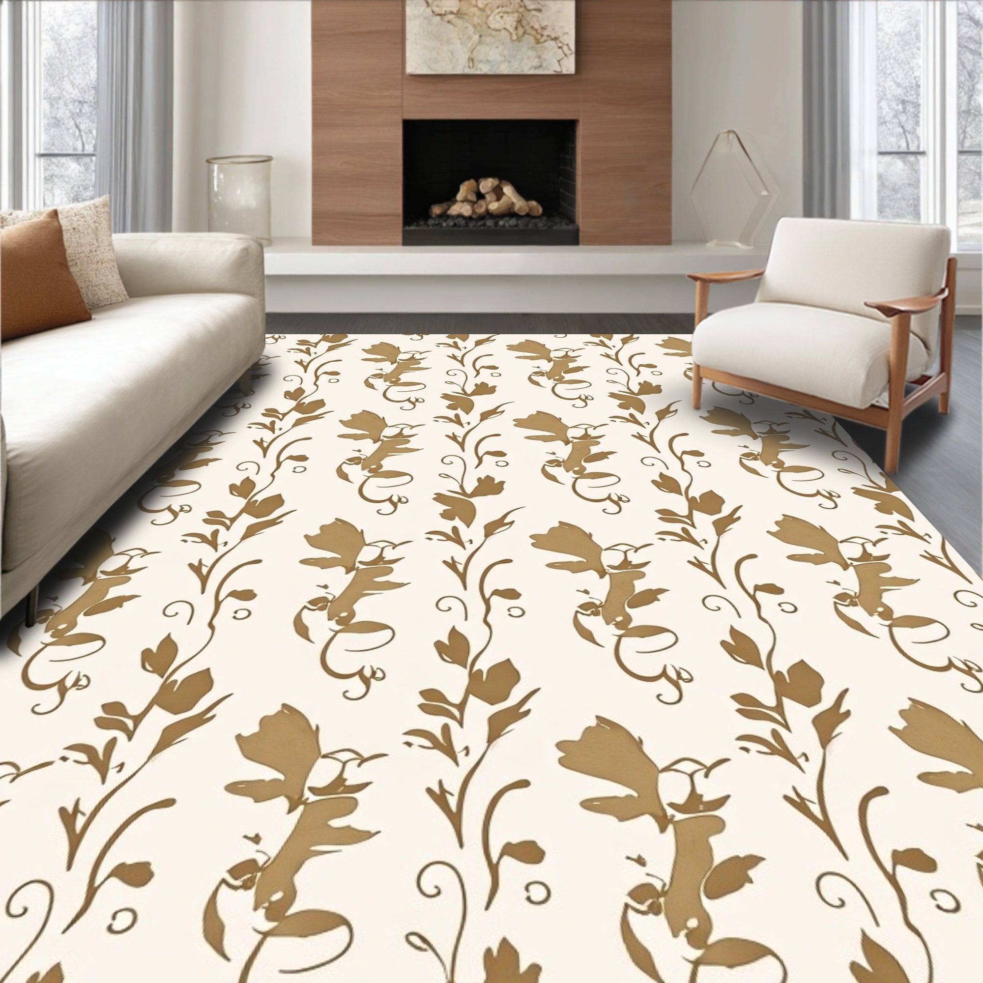 Elegant Tan Floral Vine Pattern Rug