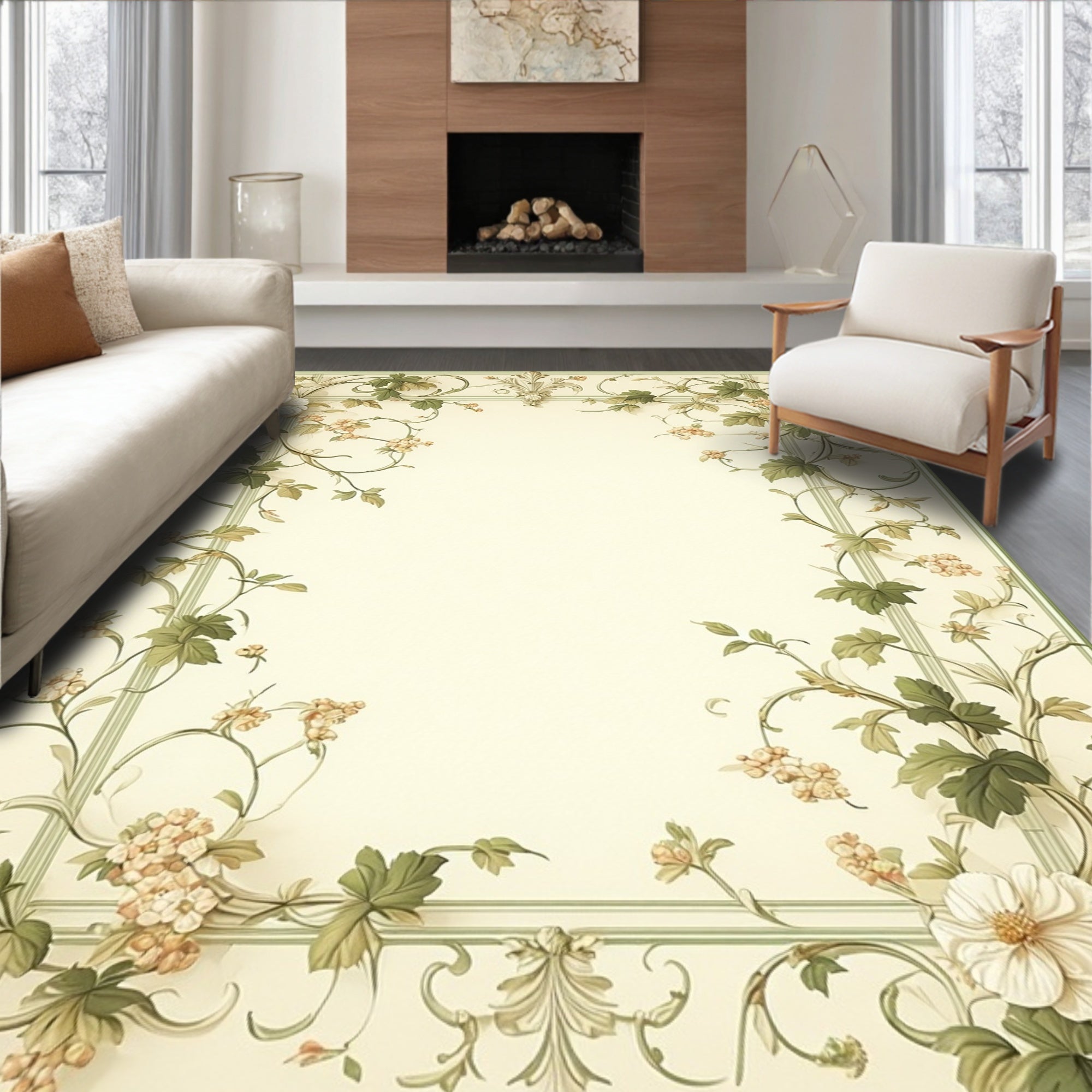 Delicate Floral Vine Border Rug
