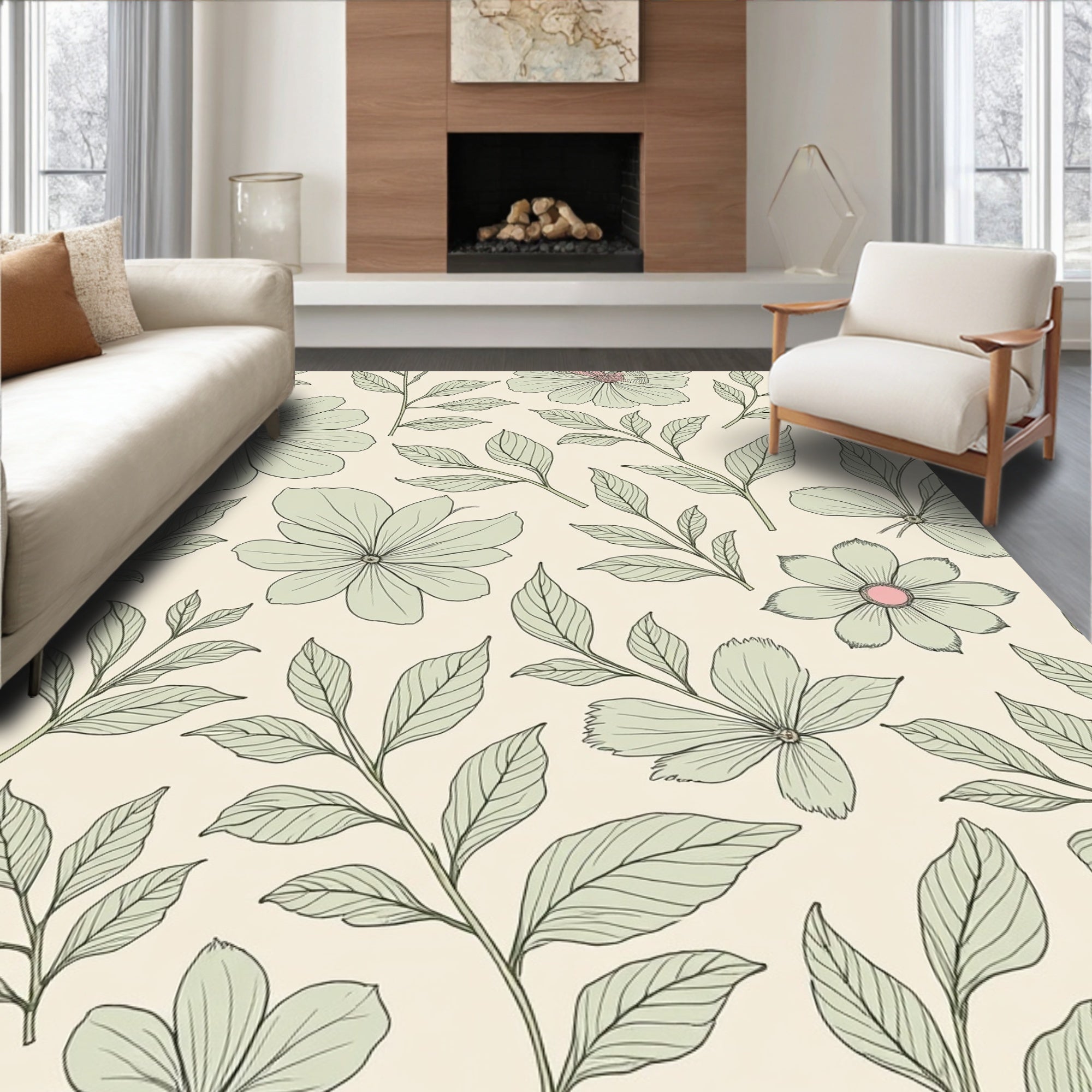 Serene Floral Botanical Print Design Rug