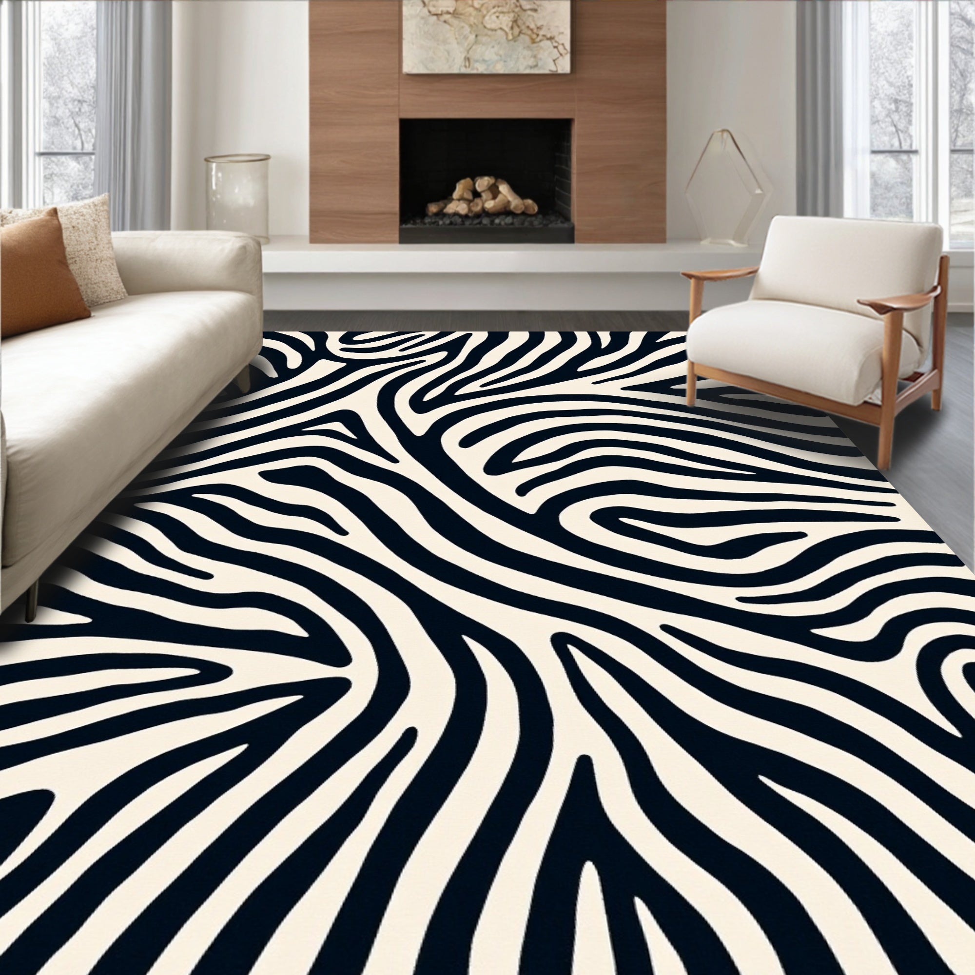 Bold Black and Cream Abstract Stripes Rug