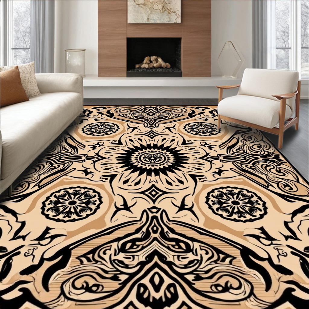 Black Beige Ornate Floral Pattern Rug