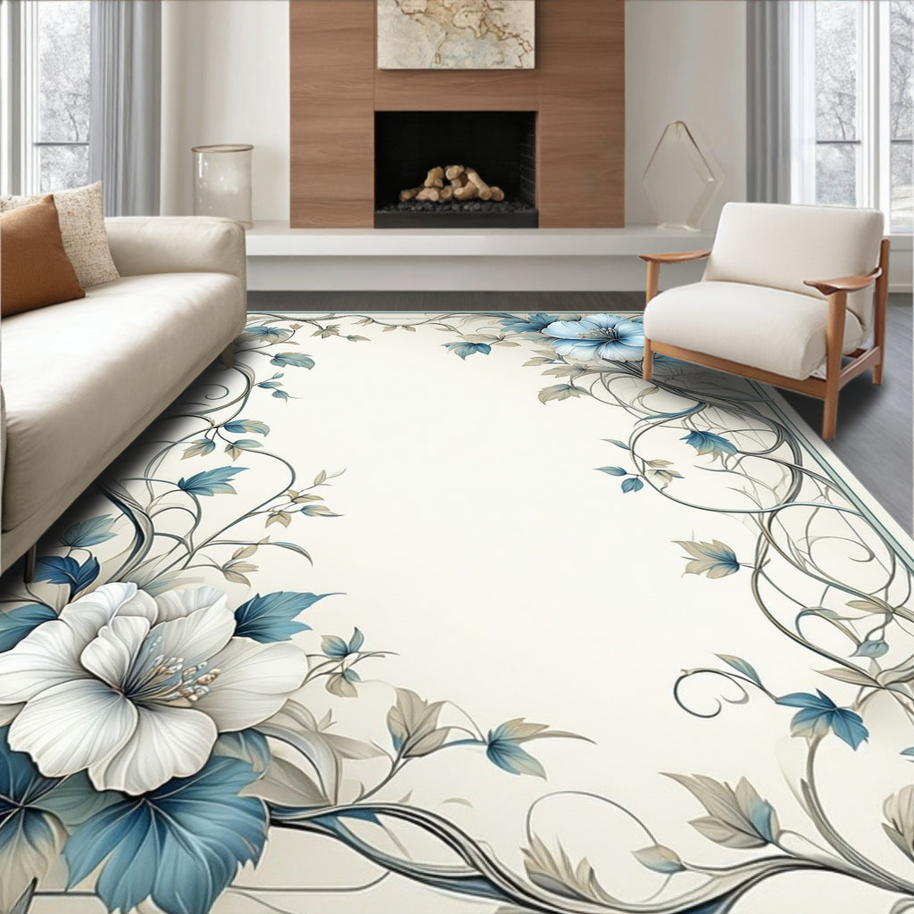 Elegant Blue White Floral Scroll Rug