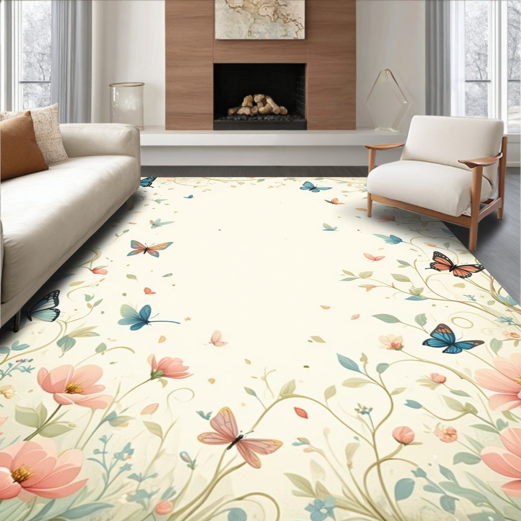 Whimsical Butterflies Flowers Pattern Rug