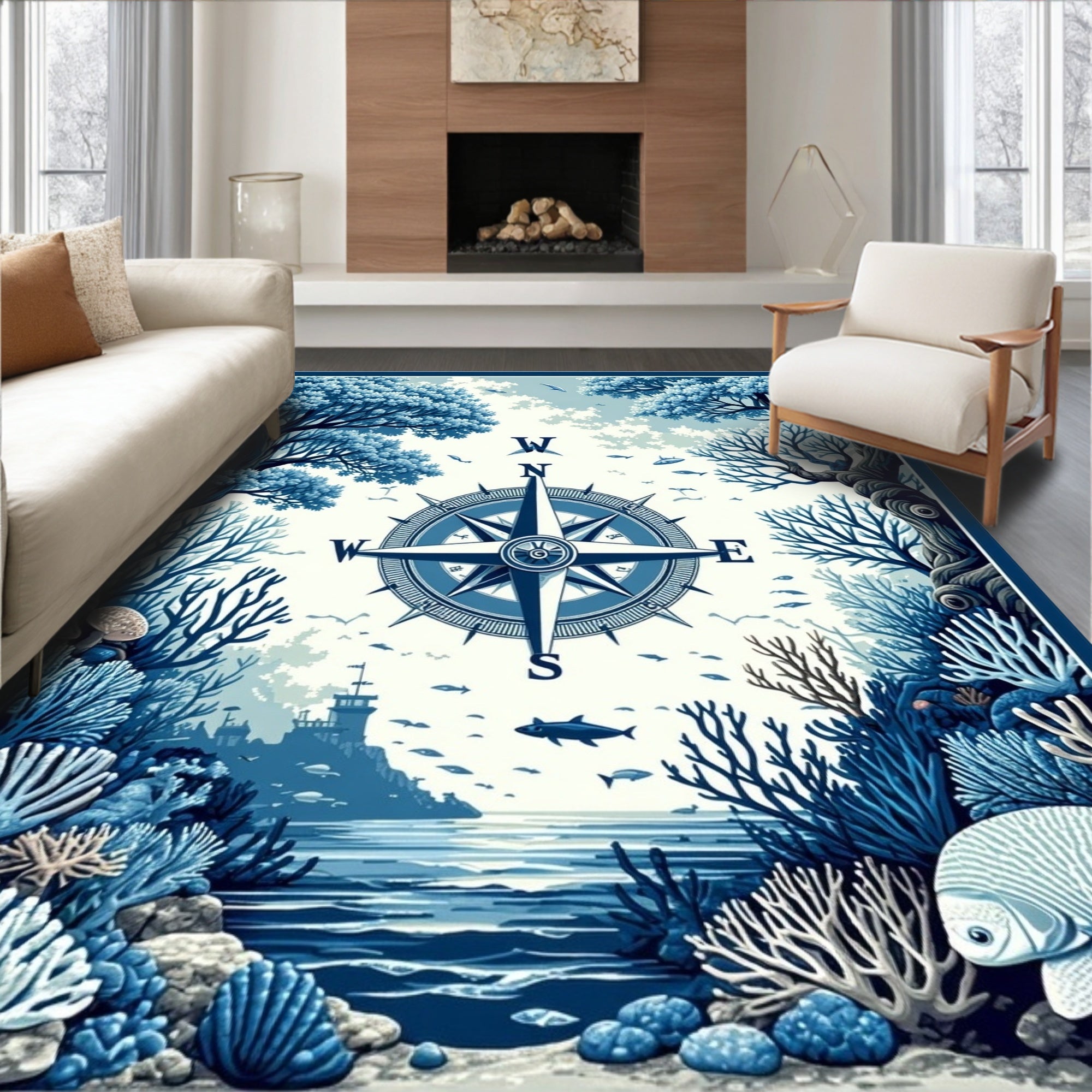 Nautical Compass Coral Reefscape Design Rug