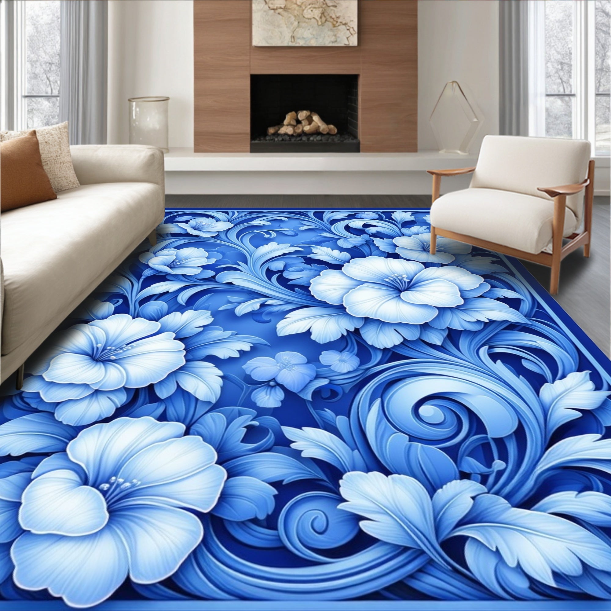 Majestic Blue Floral Scroll Pattern Rug