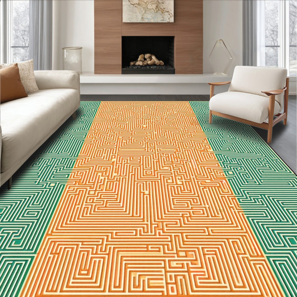Orange Green Maze Pattern Rug