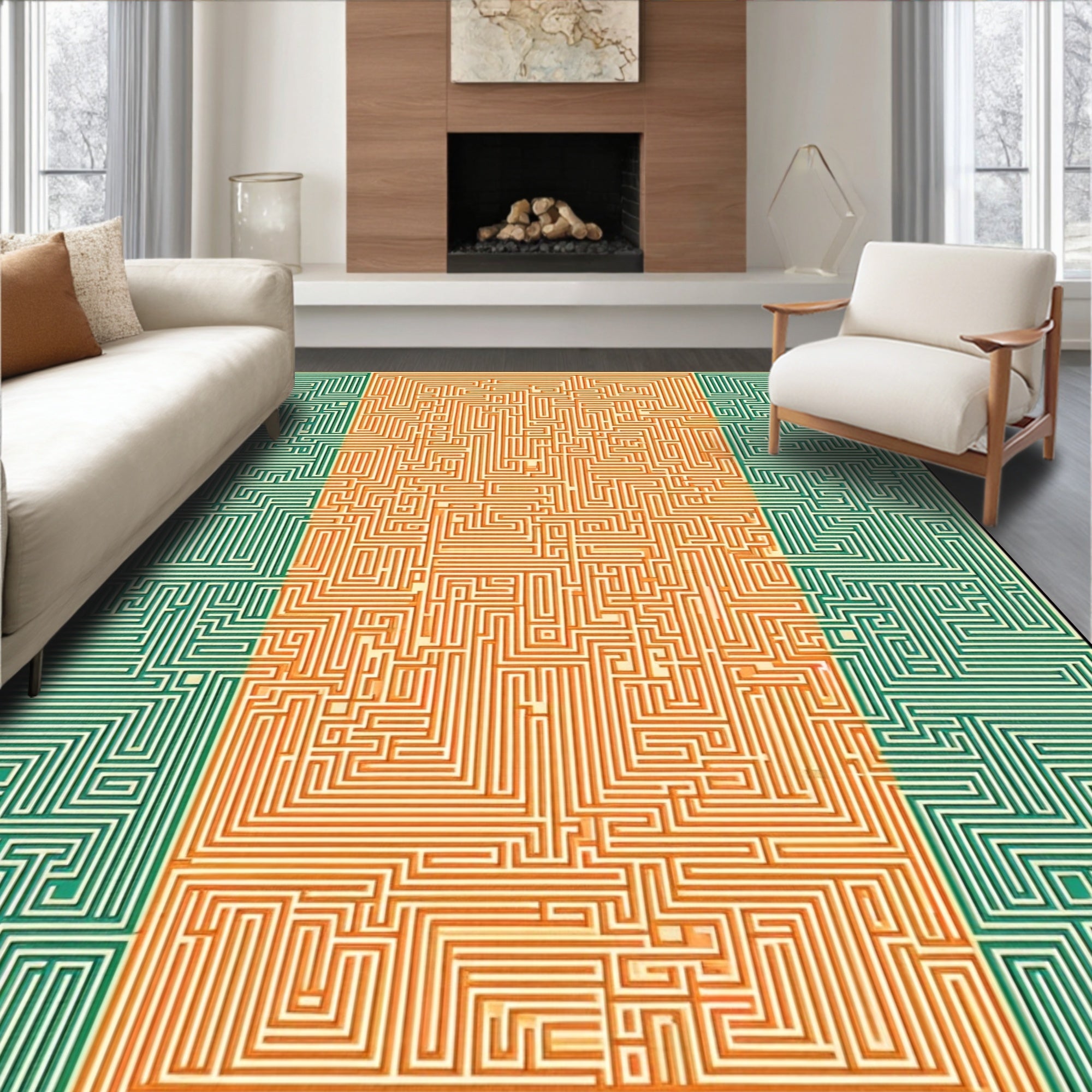 Orange Green Maze Pattern Rug