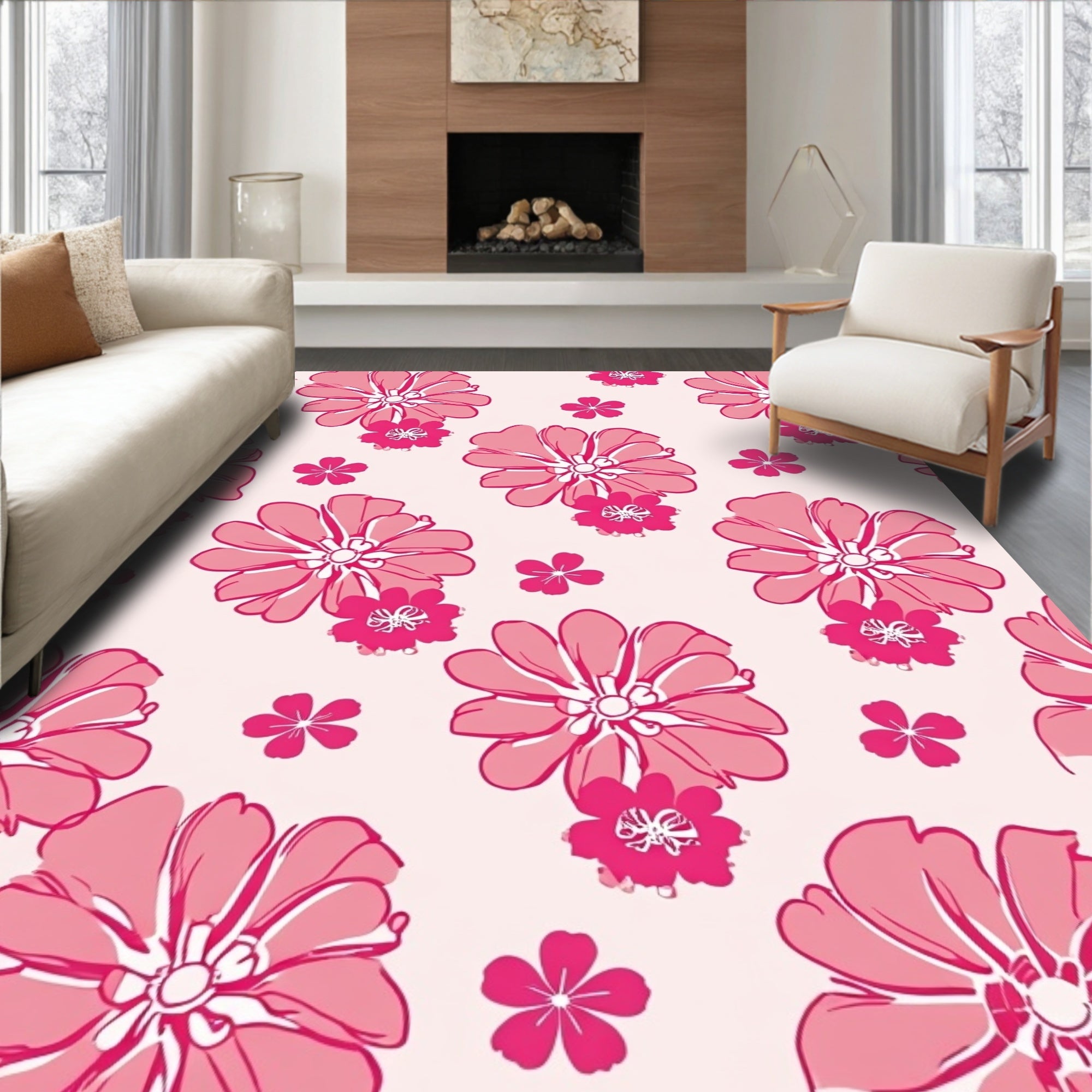 Pink Large Floral Pattern Rug