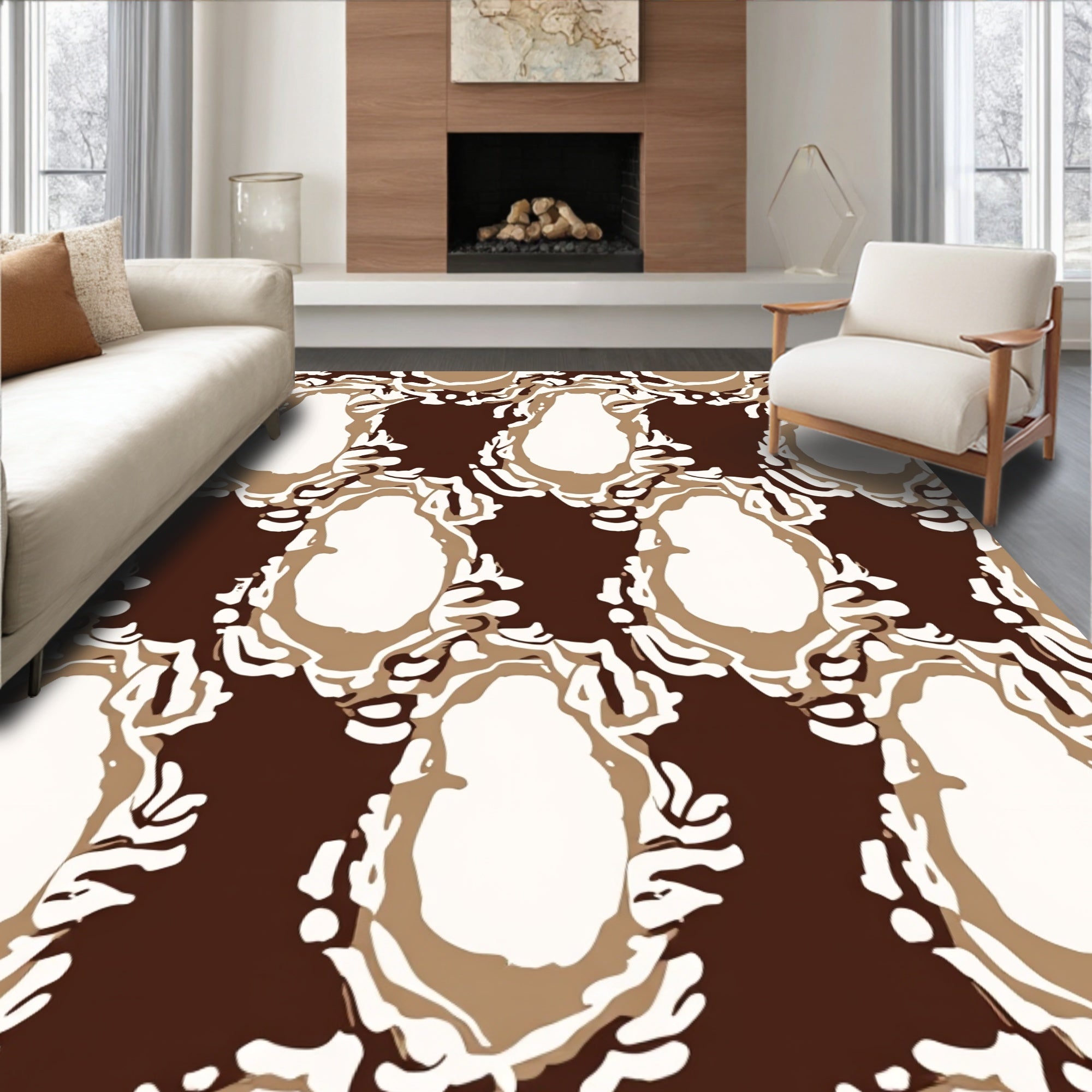 Ornate Brown Cream Abstract Pattern Rug